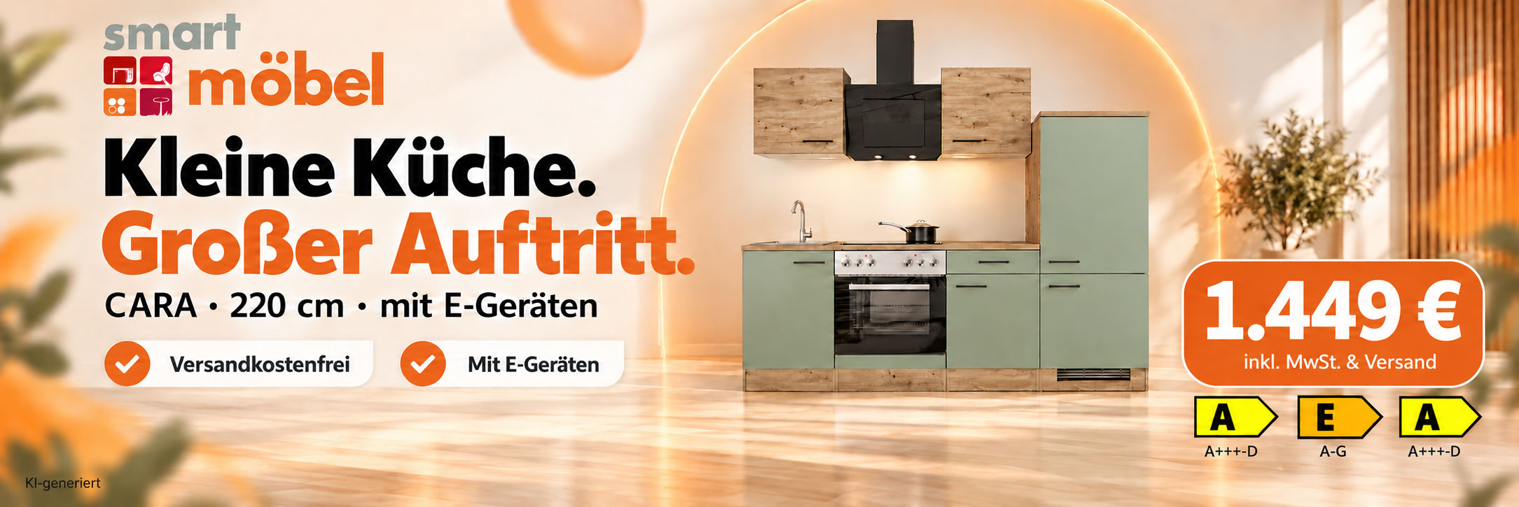 Kleine Küche, großer Auftritt: Cara Küchenzeile, 220 cm, mit E-Geräten für 1.449 Euro inklusive Mehrwertsteuer und Versand. KI-generierte Darstellung.