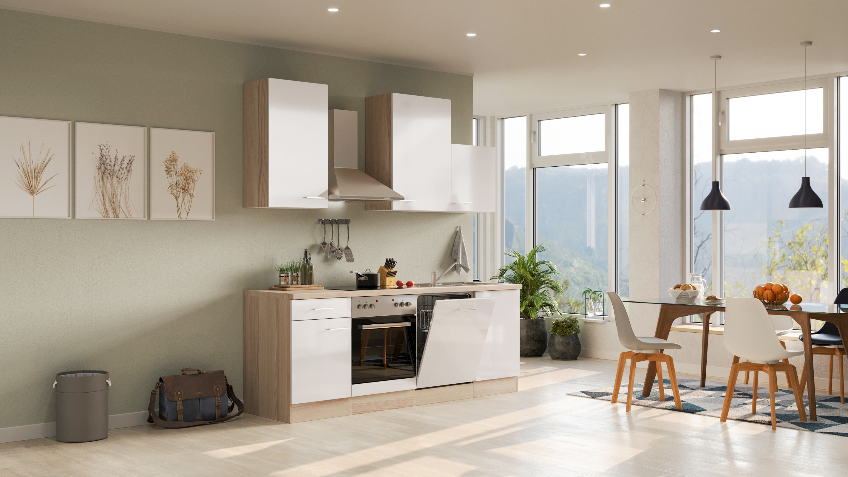 Küchenzeile mit E-Geräten & Geschirrspüler - 220 cm breit - Perlmutt glänzend Akazie – Ancona