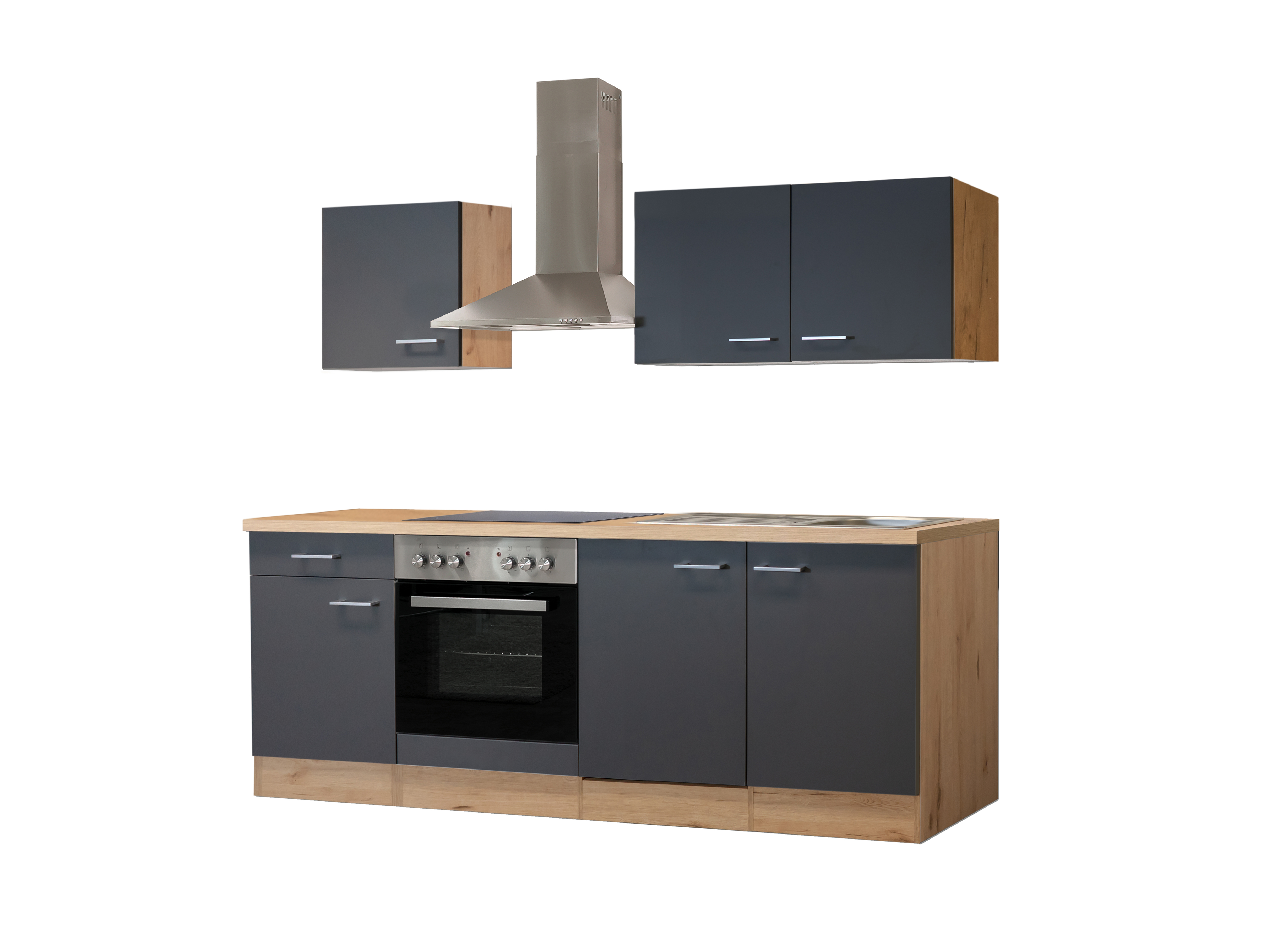 Küchenzeile mit E-Geräten - 210 cm breit - Basaltgrau Matt San Remo Eiche – Morena