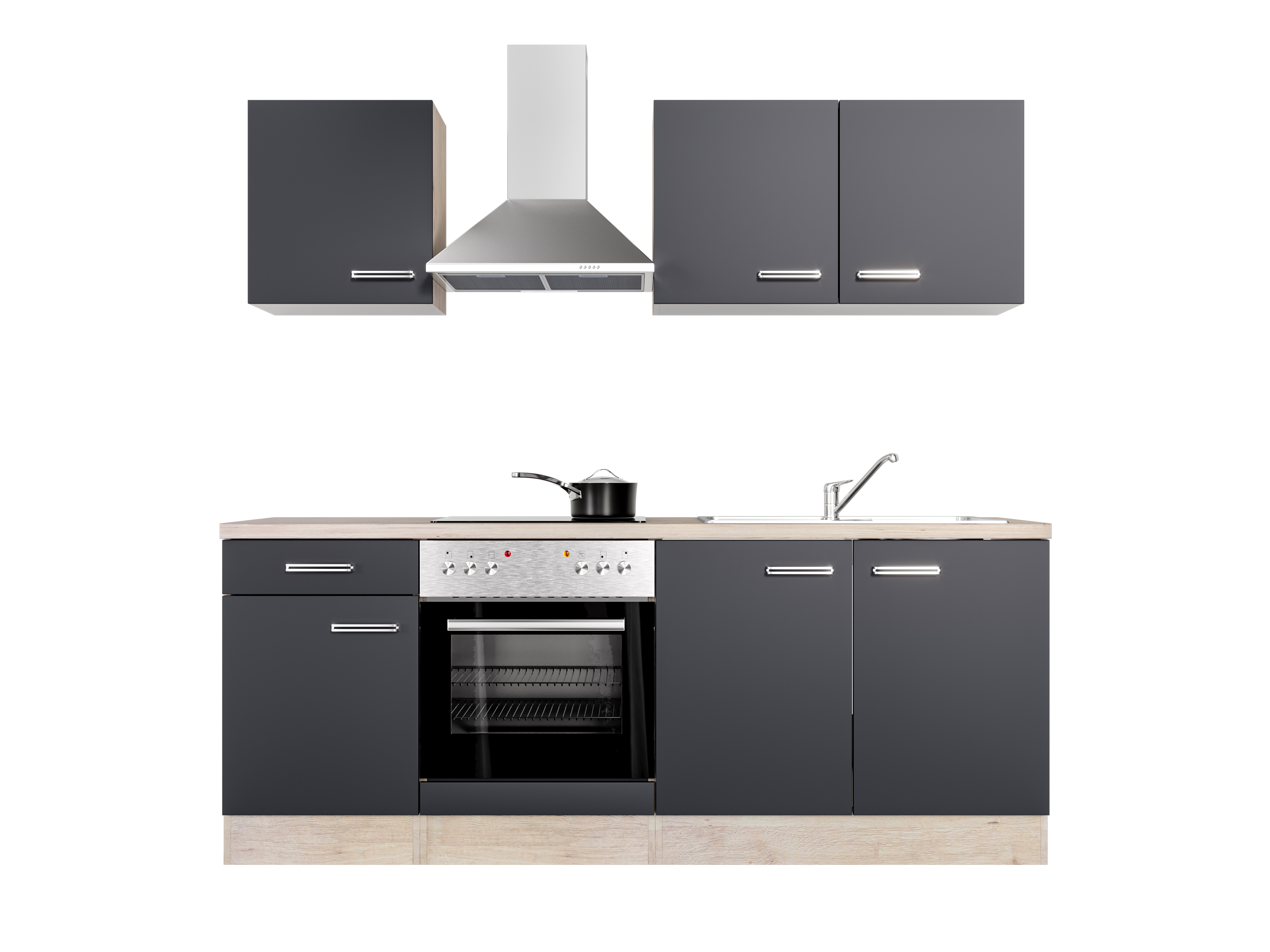 Küchenzeile mit E-Geräten - 210 cm breit - Anthrazit San Remo Eiche – Lino
