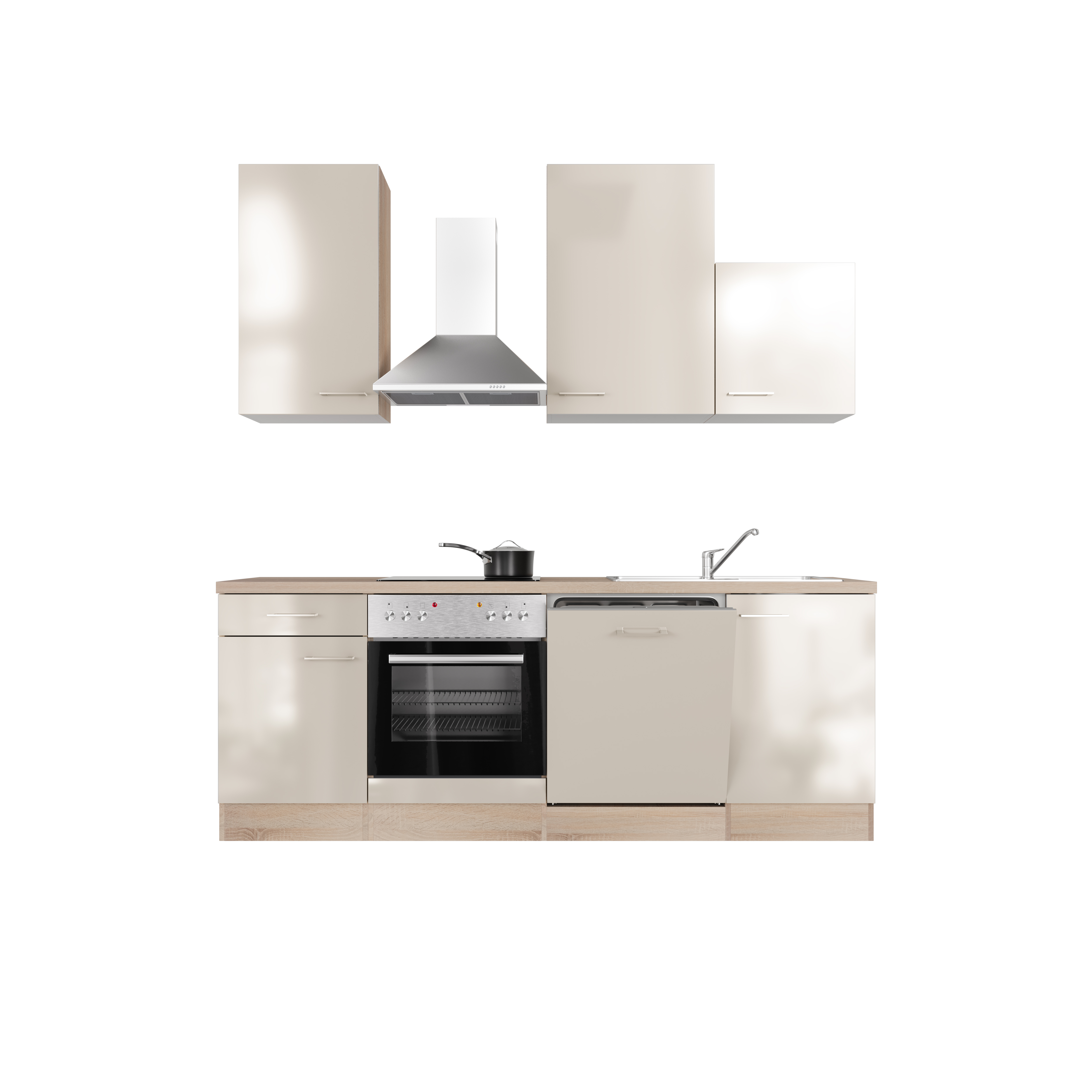 Küchenzeile mit E-Geräten & Geschirrspüler - 220 cm breit - Kaschmir Glanz Sonoma Eiche – Neapel