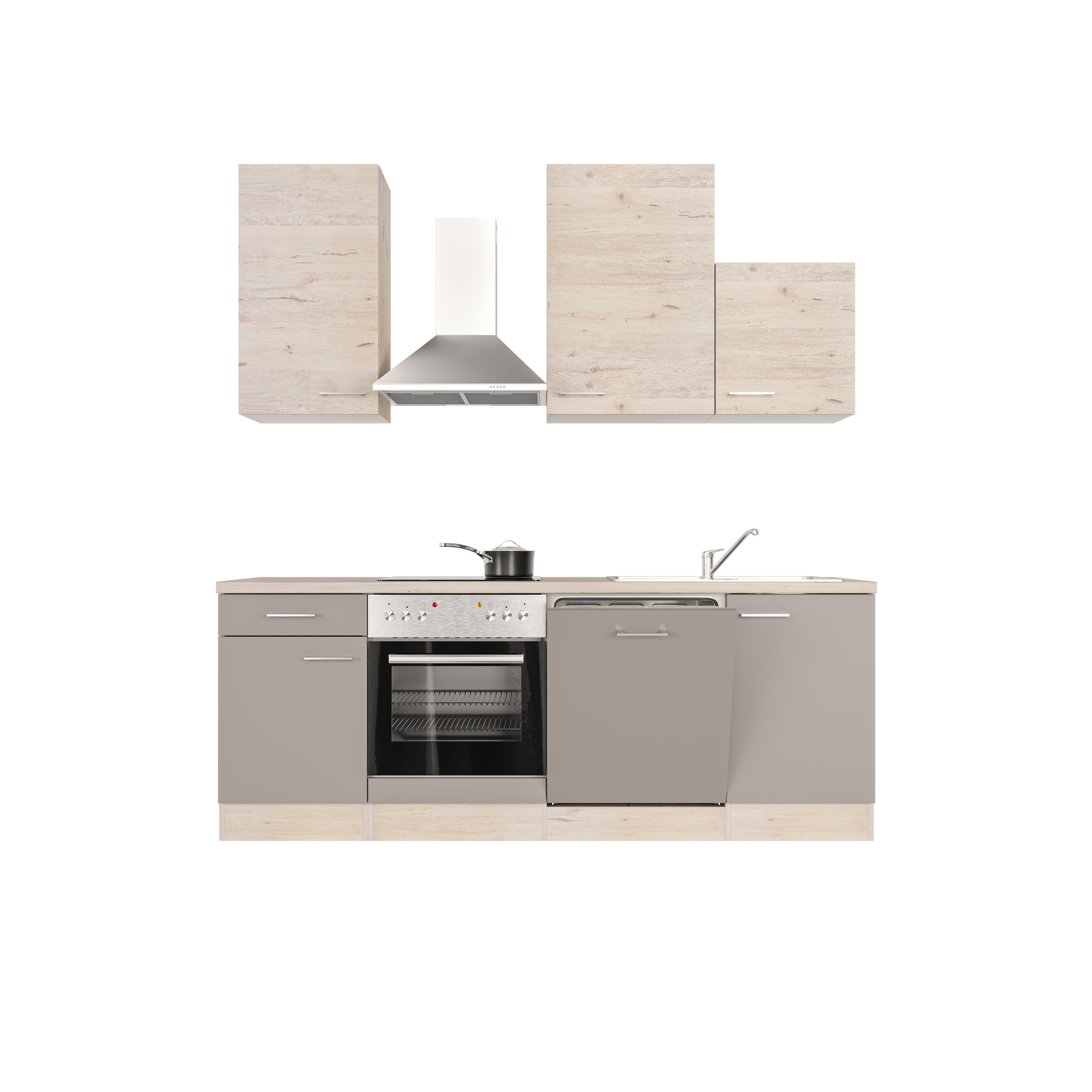 Küchenzeile mit E-Geräten & Geschirrspüler - 220 cm breit - Quarz Cubanit San Remo Eiche – Rodello
