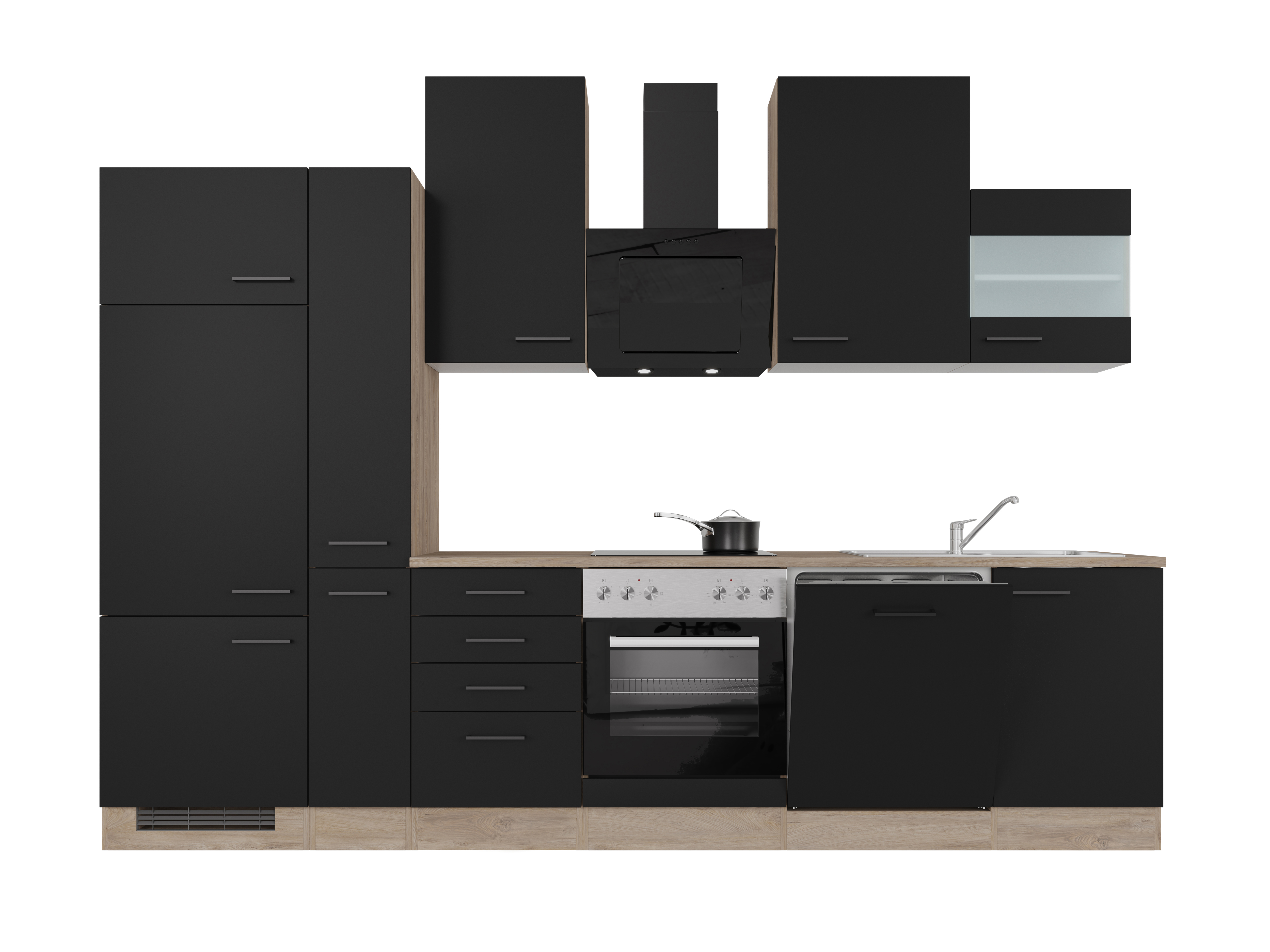Küchenzeile mit E-Geräten & Geschirrspüler - 310 cm breit - Schwarz matt Endgrain Oak – Capri