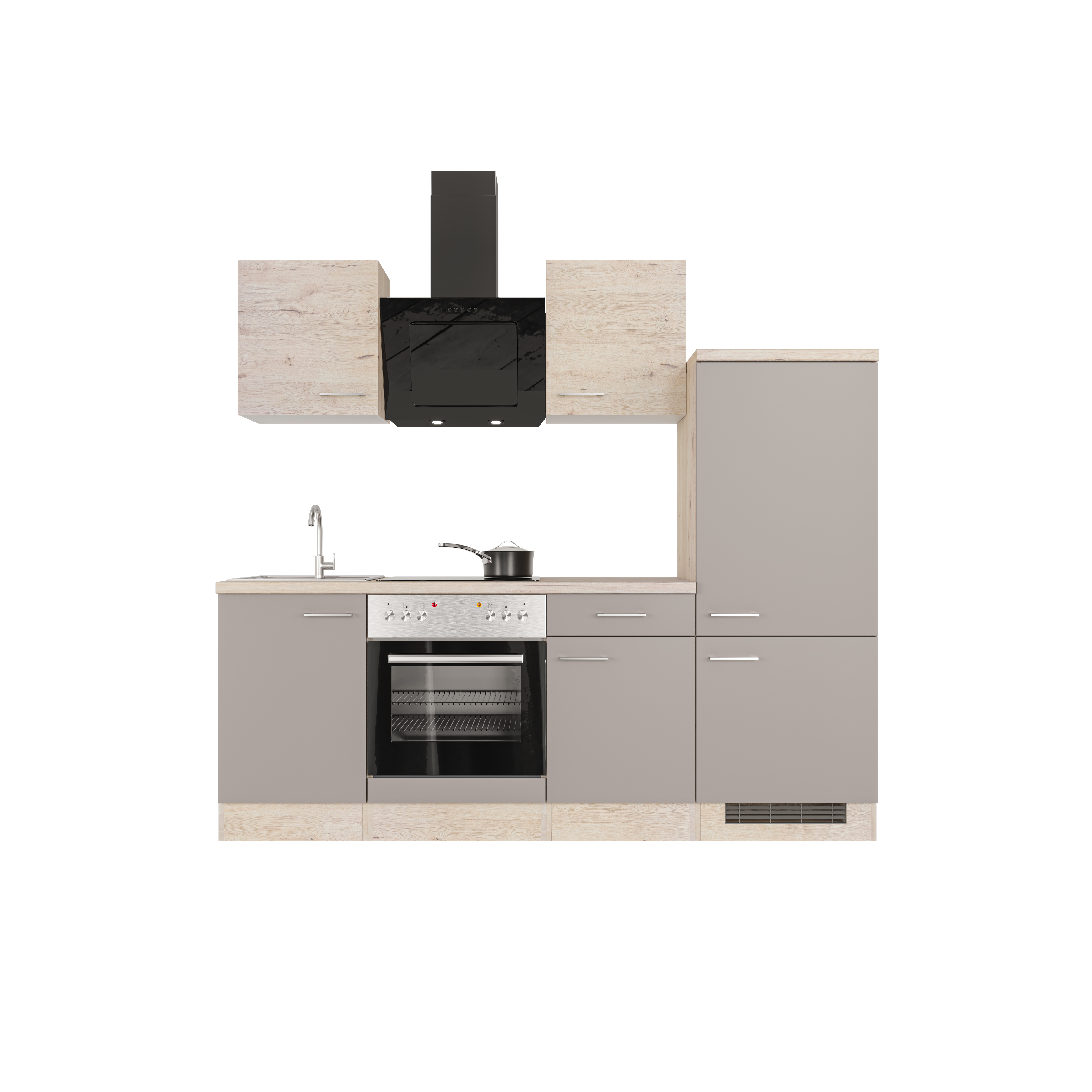 Küchenzeile mit E-Geräten - 220 cm breit - Quarz Cubanit San Remo Eiche – Rodello