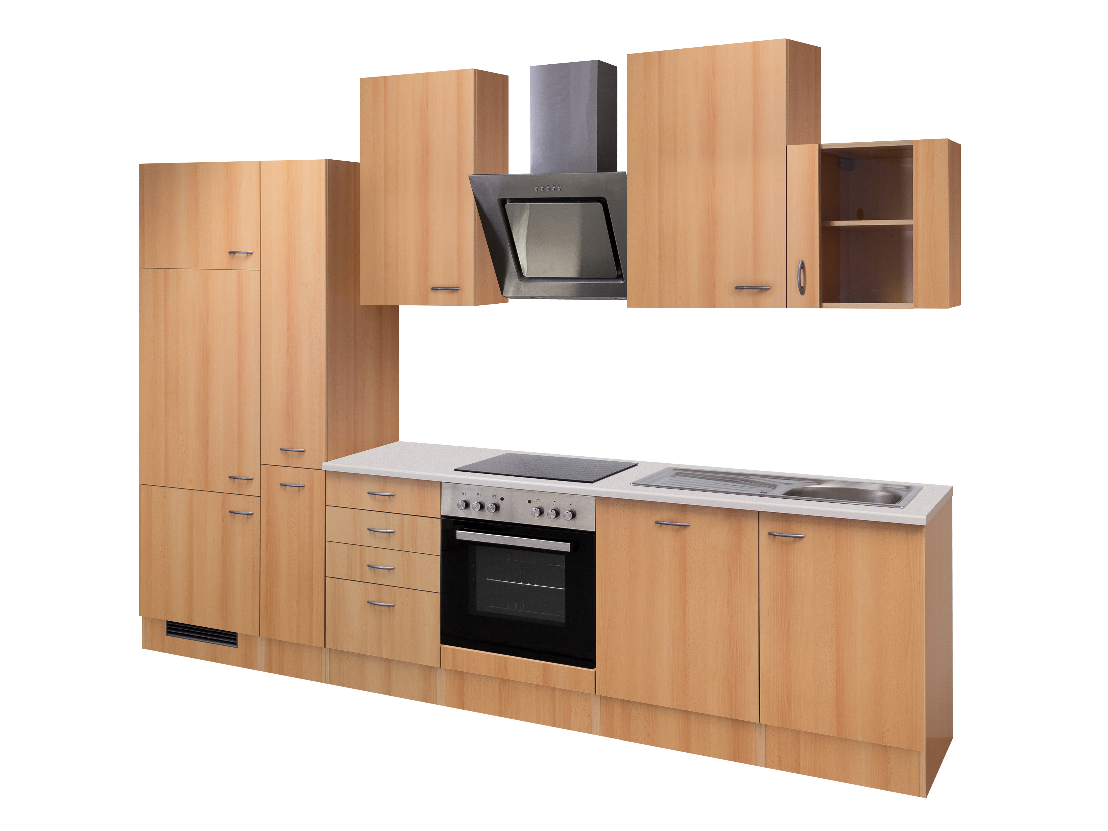 Küchenzeile mit E-Geräten & Geschirrspüler - 310 cm breit - Buche – Namu