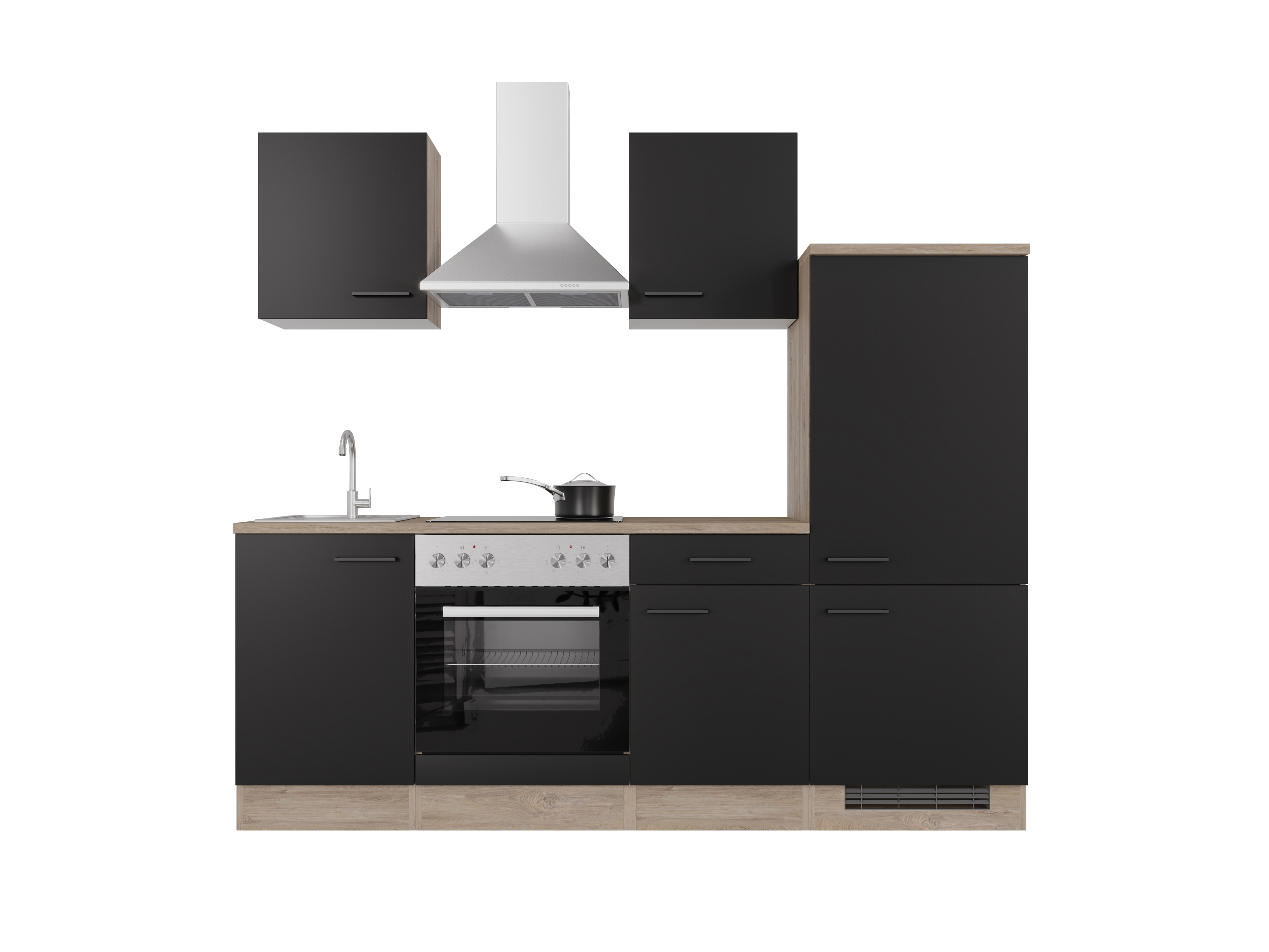 Küchenzeile mit E-Geräten - 220 cm breit - Schwarz matt Endgrain Oak – Capri