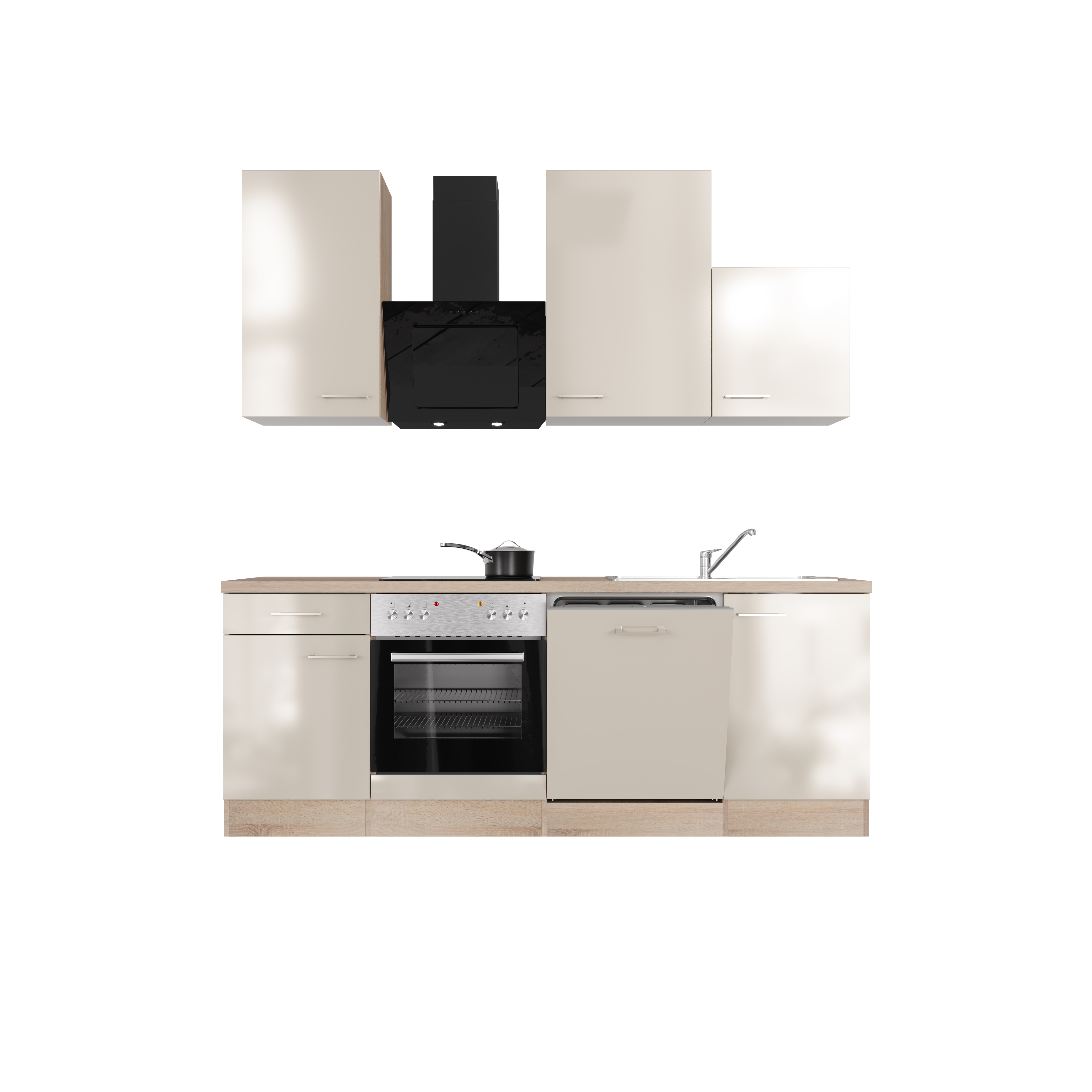 Küchenzeile mit E-Geräten & Geschirrspüler - 220 cm breit - Kaschmir Glanz Sonoma Eiche – Neapel