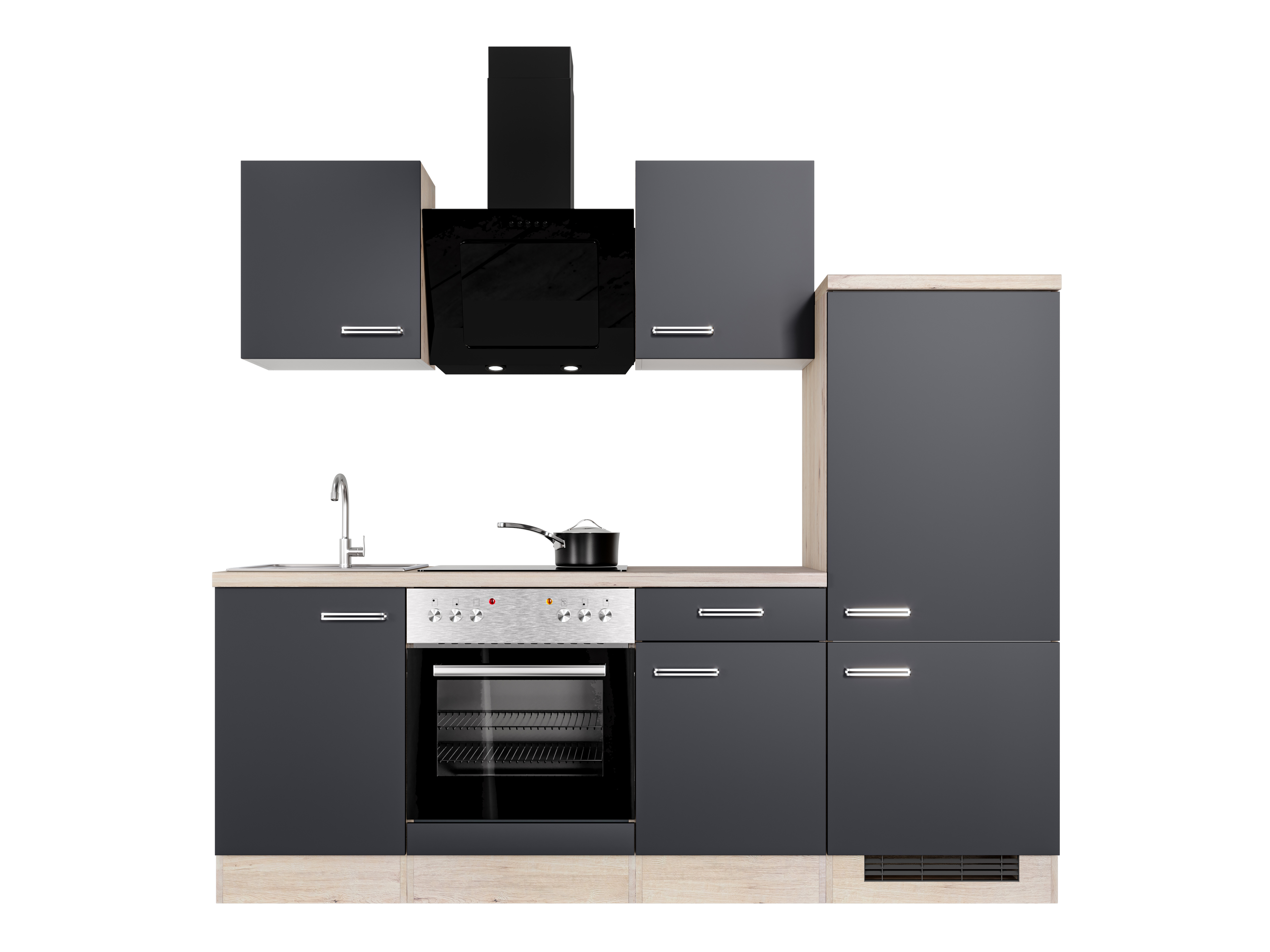 Küchenzeile mit E-Geräten - 220 cm breit - Anthrazit San Remo Eiche – Lino