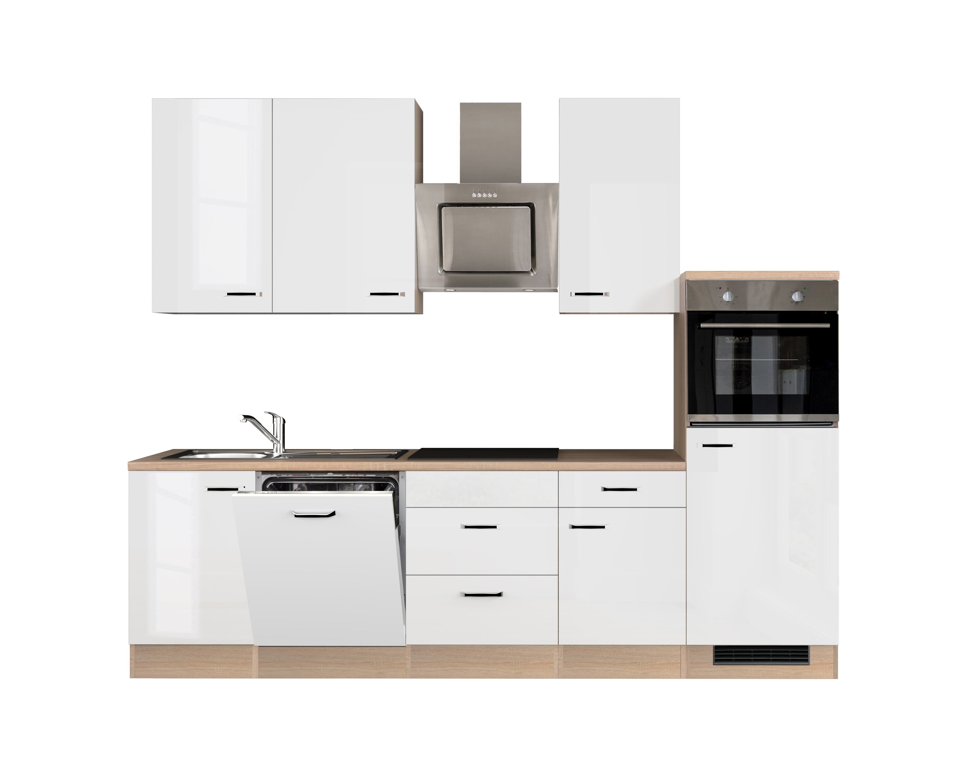 Küchenzeile mit E-Geräten & Geschirrspüler - 280 cm breit - Hochglanz Weiß Sonoma Eiche – Valencia