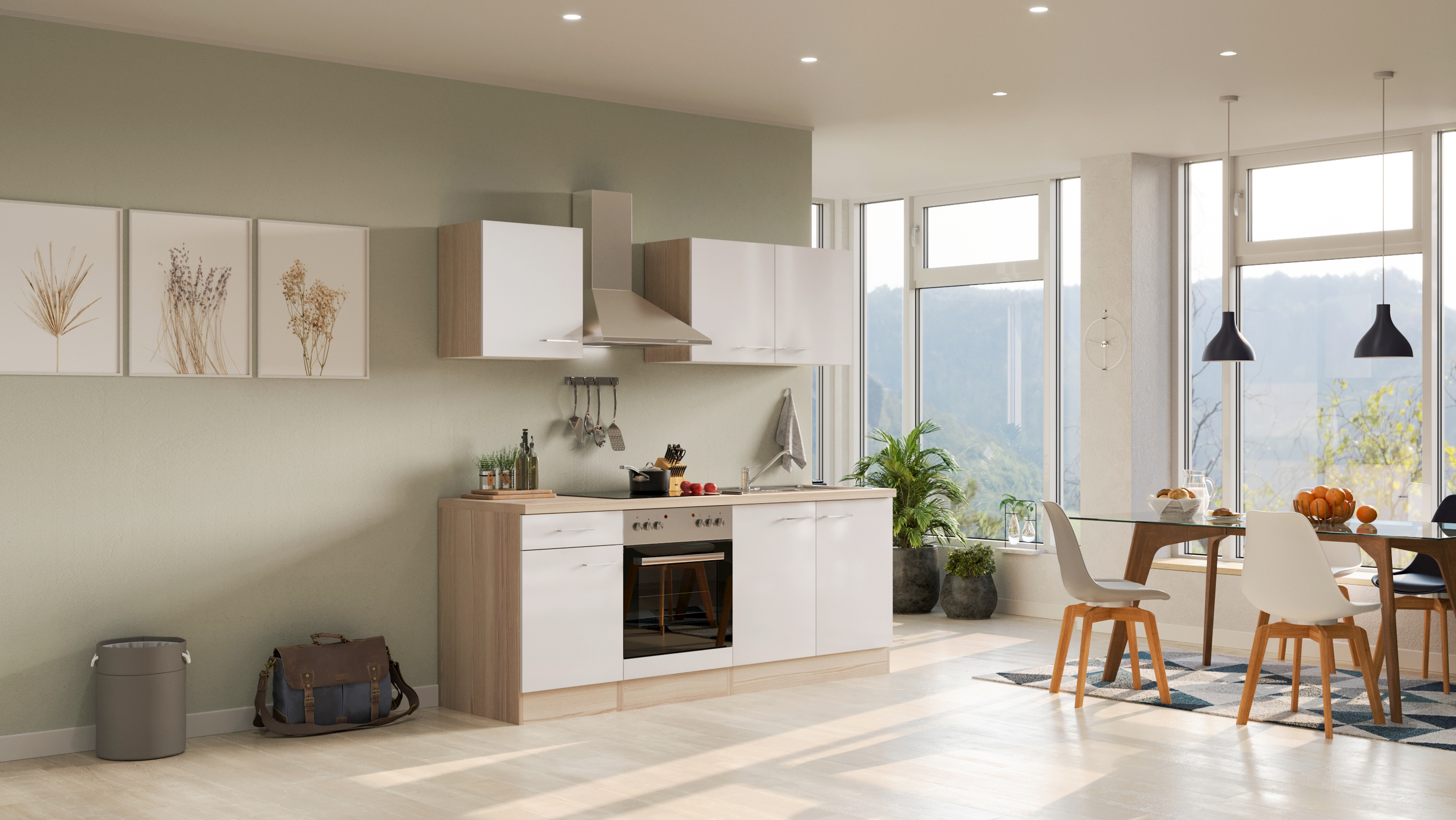 Küchenzeile mit E-Geräten - 210 cm breit - Perlmutt glänzend Akazie – Ancona