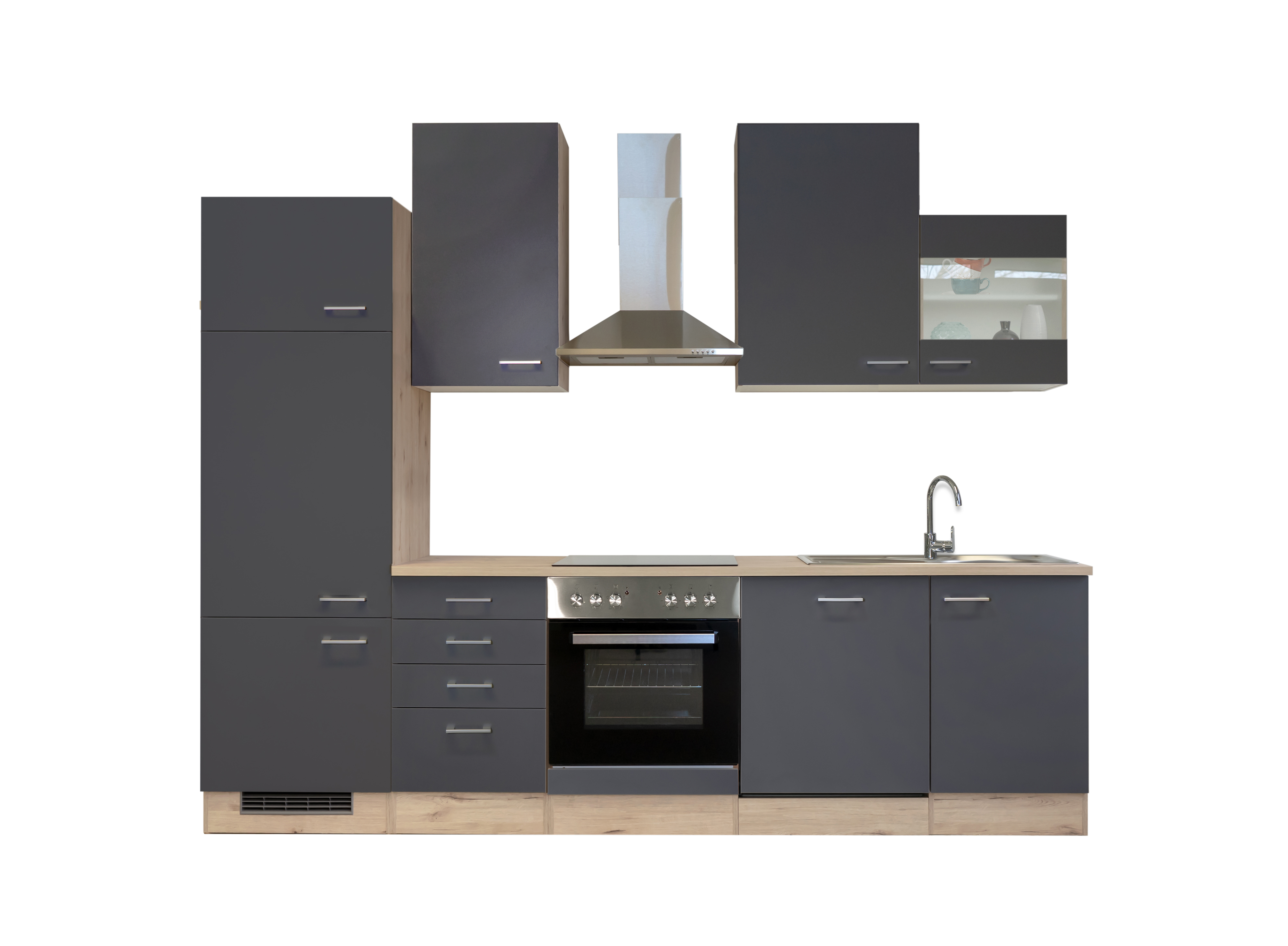 Küchenzeile mit E-Geräten & Geschirrspüler - 280 cm breit - Basaltgrau Matt San Remo Eiche – Morena