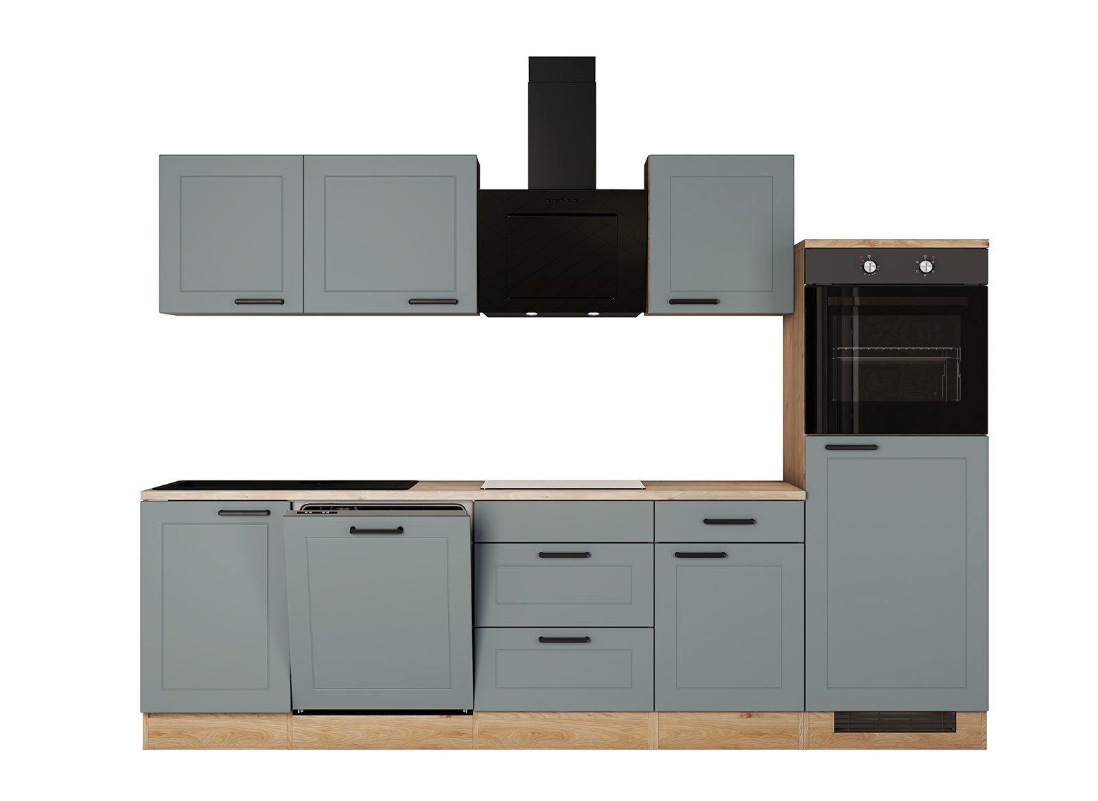 Küchenzeile Verena im Landhausstil – 280 cm, Salbeigrün matt, mit E-Geräten & schwarzer Einbauspüle