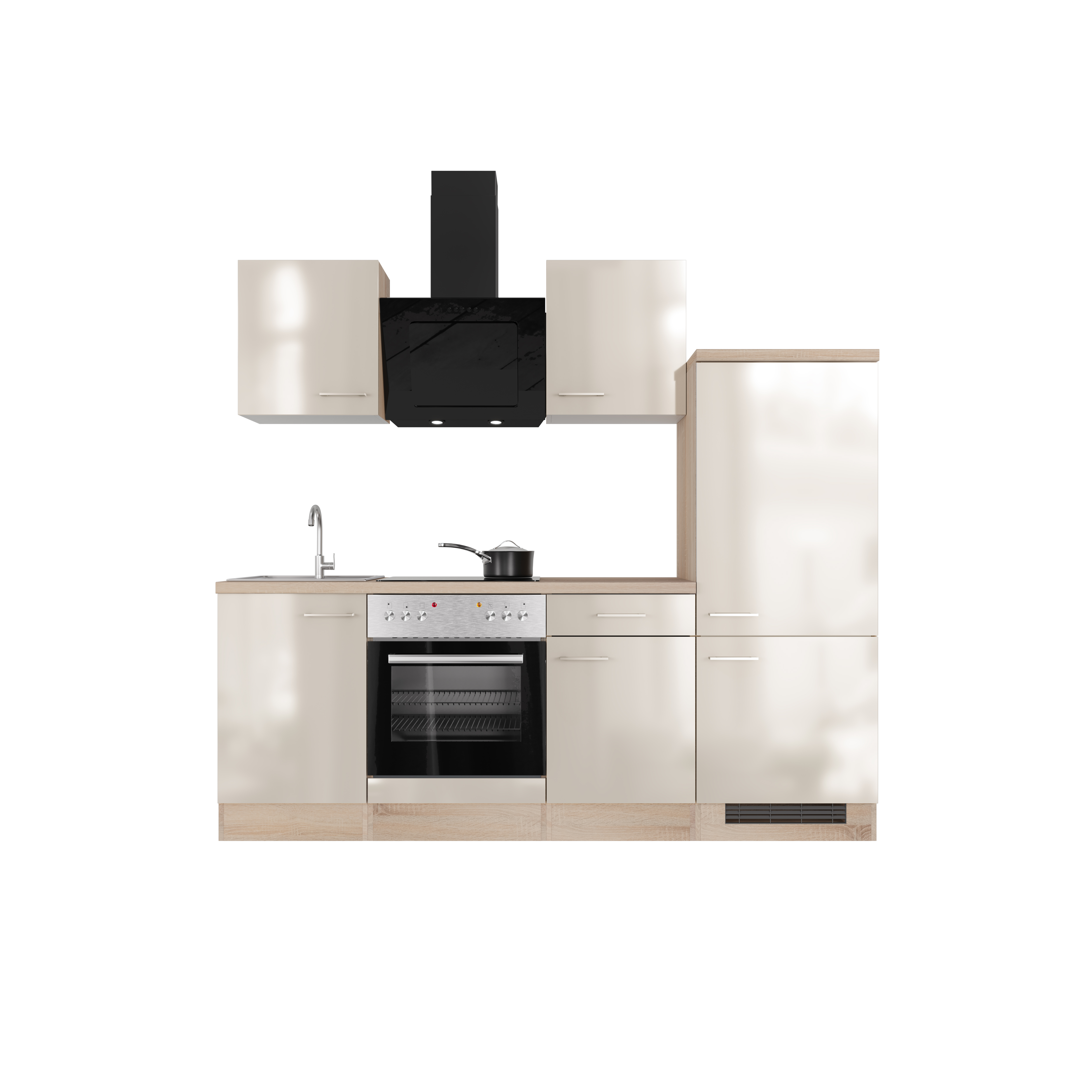 Küchenzeile mit E-Geräten - 220 cm breit - Kaschmir Glanz Sonoma Eiche – Neapel