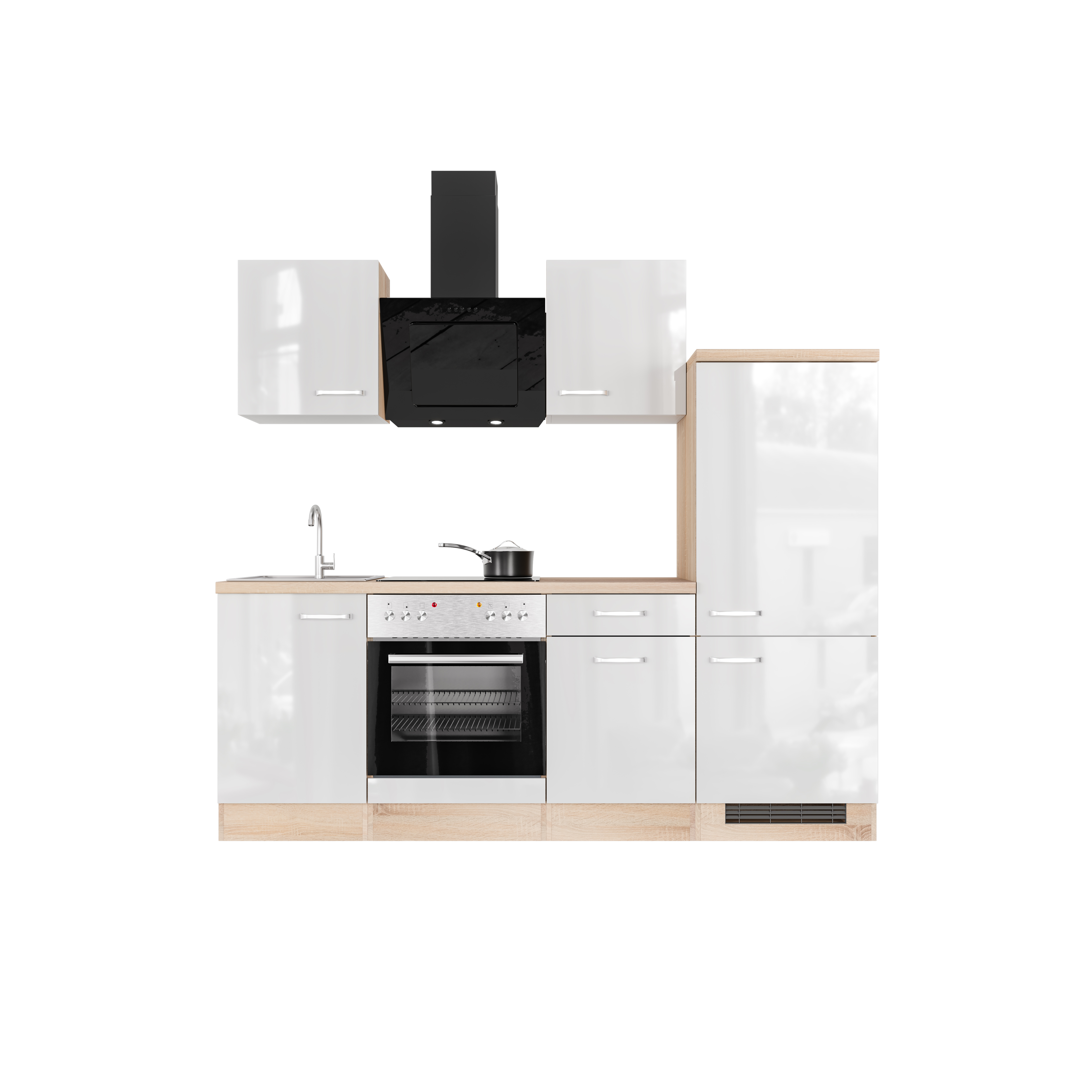 Küchenzeile mit E-Geräten - 220 cm breit - Hochglanz Weiß Sonoma Eiche – Valencia