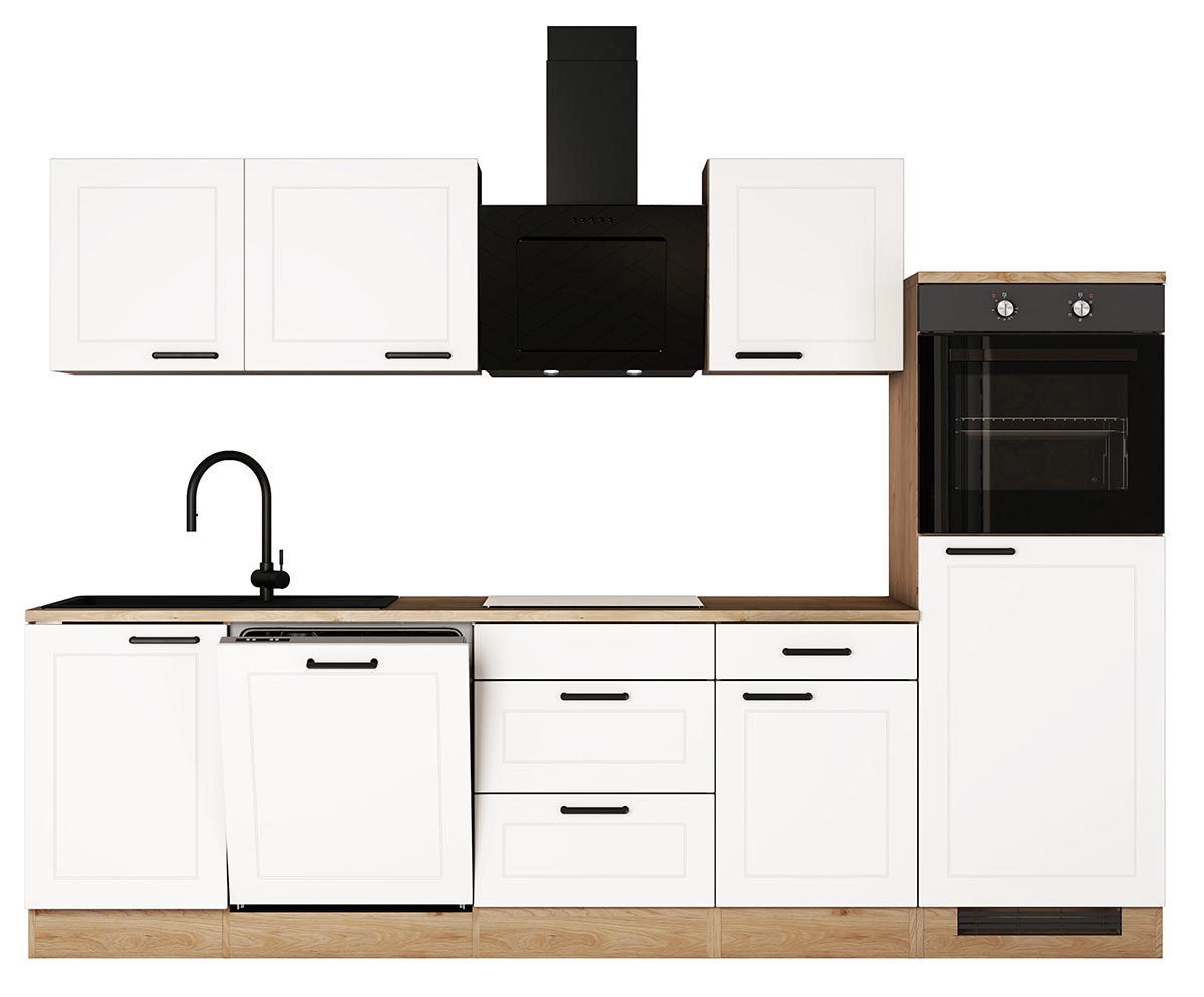 Landhausküche Anja, weiß matt, mit E-Geräten in schwarz - Einbauspüle schwarz 