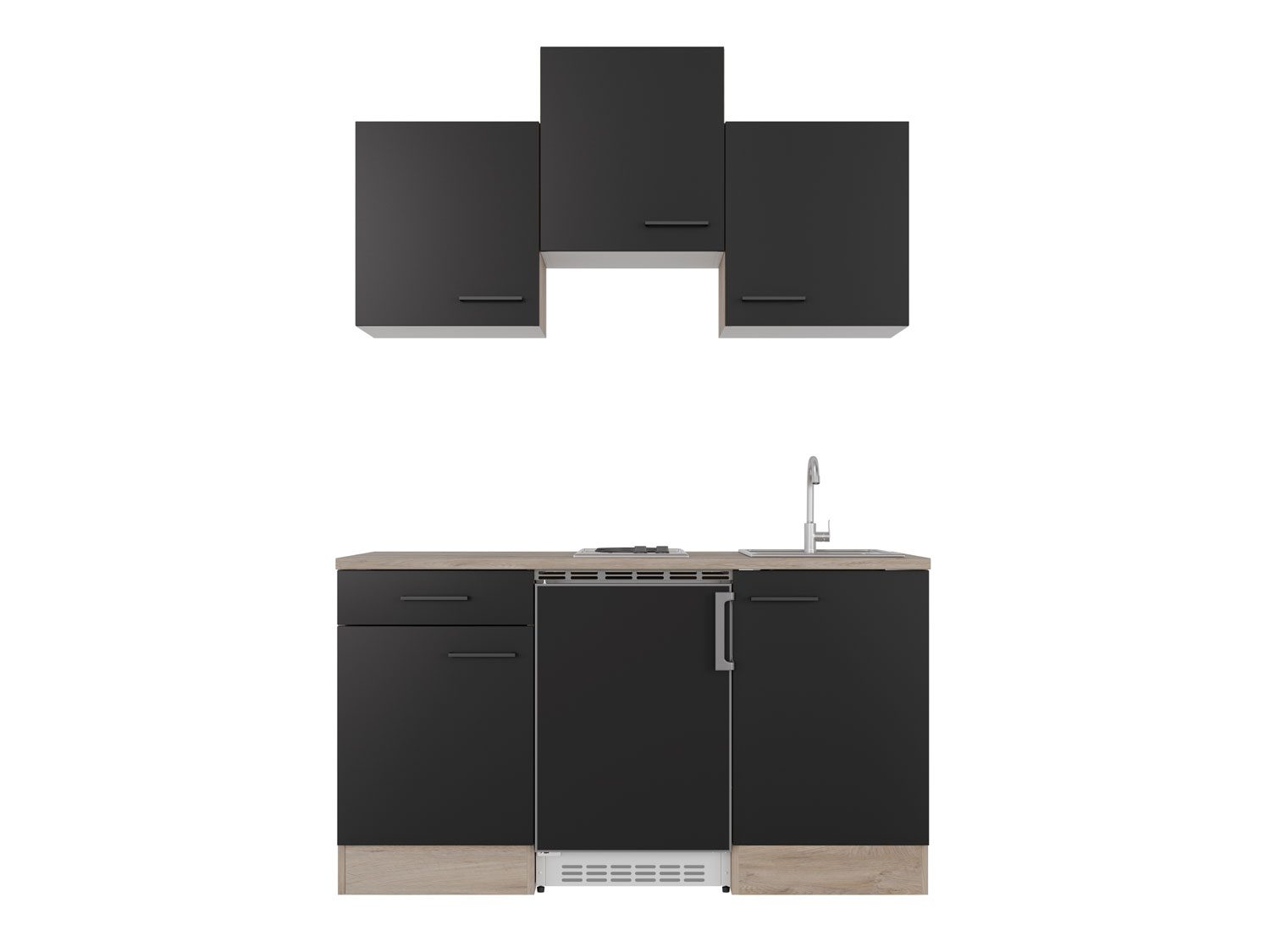 Singleküche mit E-Geräten - 150 cm breit - Schwarz matt Endgrain Oak – Capri