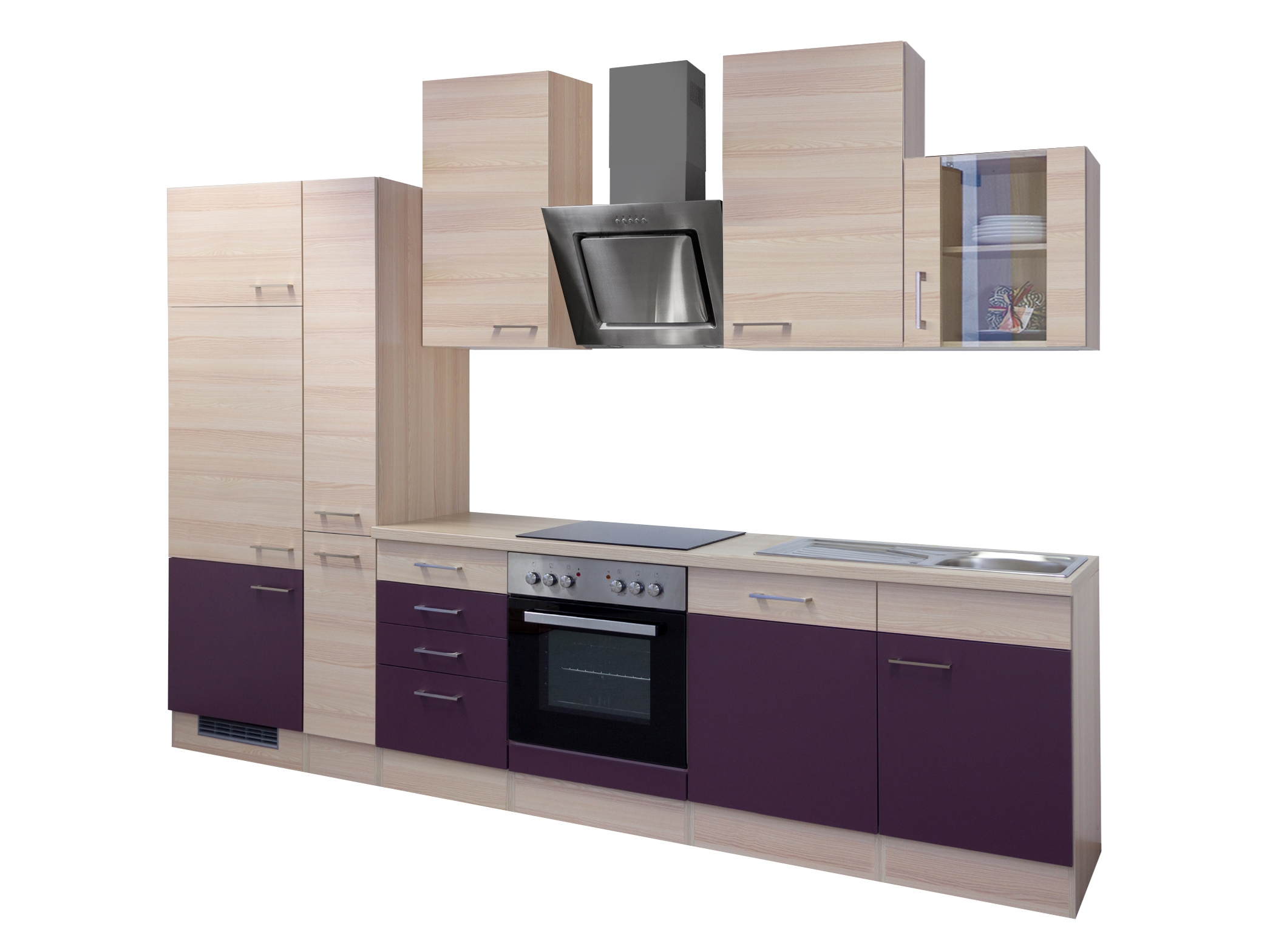 Küchenzeile mit E-Geräten & Geschirrspüler - 310 cm breit - Akazie Aubergine – Otto