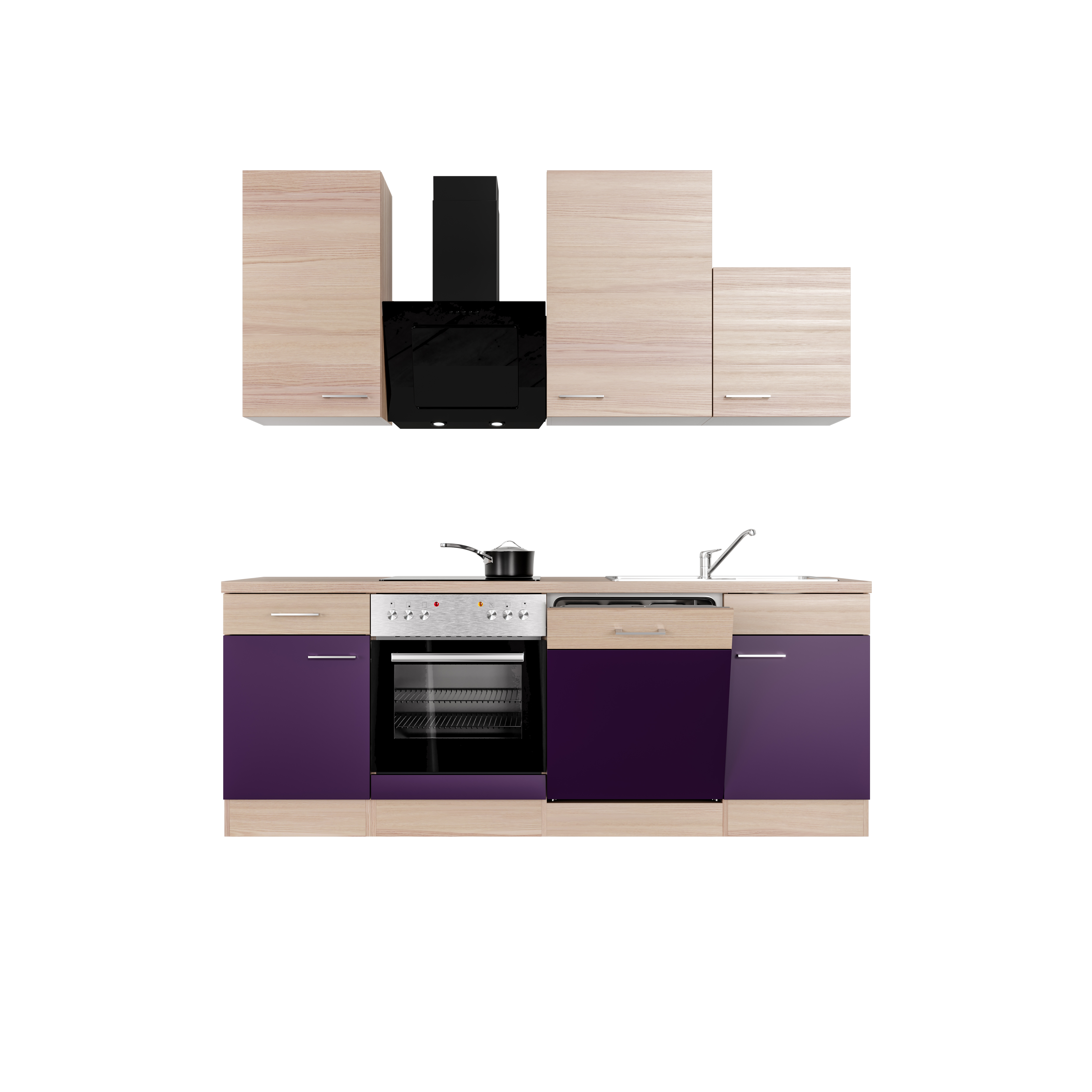 Küchenzeile mit E-Geräten & Geschirrspüler - 220 cm breit - Akazie Aubergine – Otto