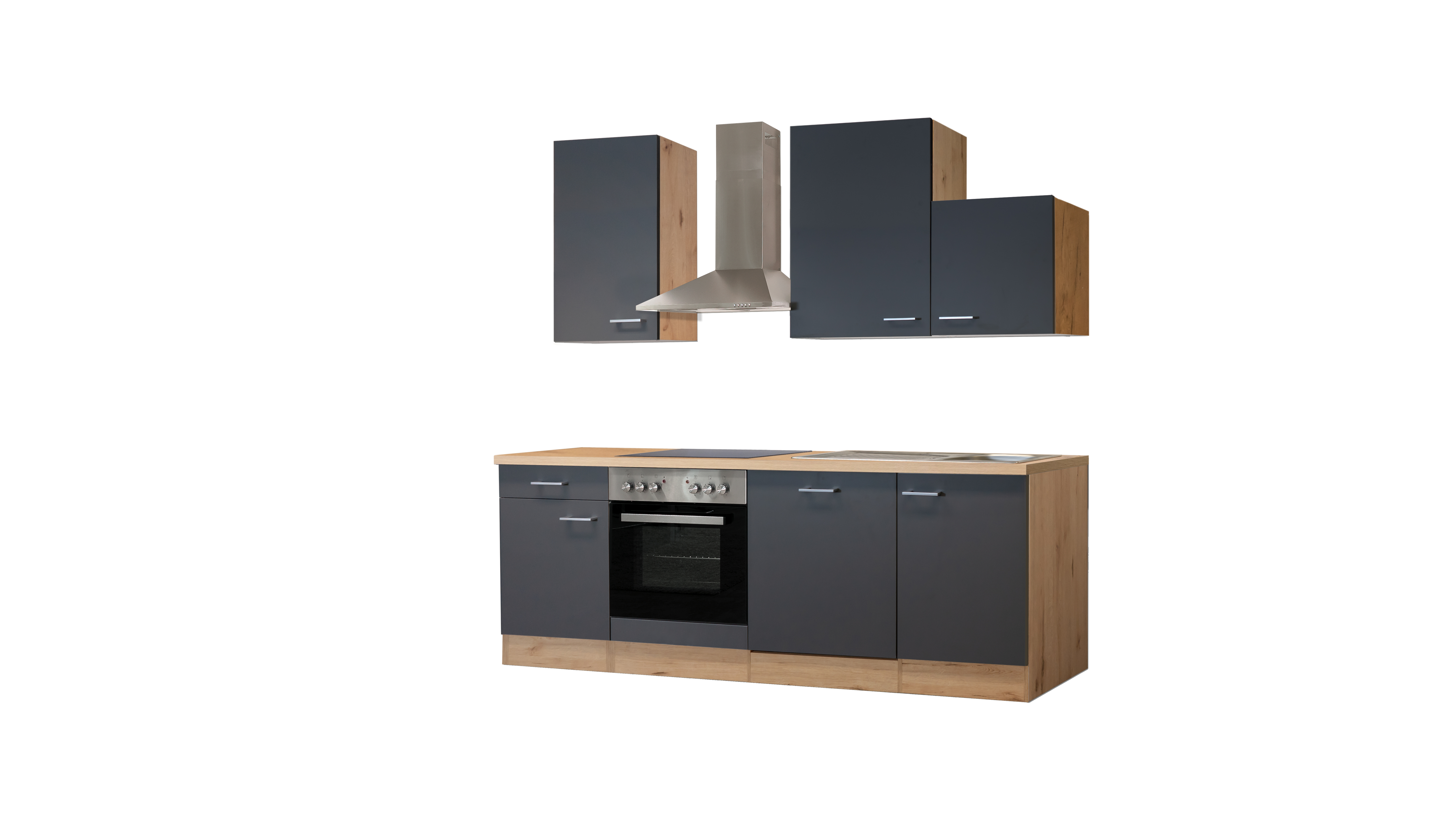 Küchenzeile mit E-Geräten & Geschirrspüler - 220 cm breit - Basaltgrau Matt San Remo Eiche – Morena