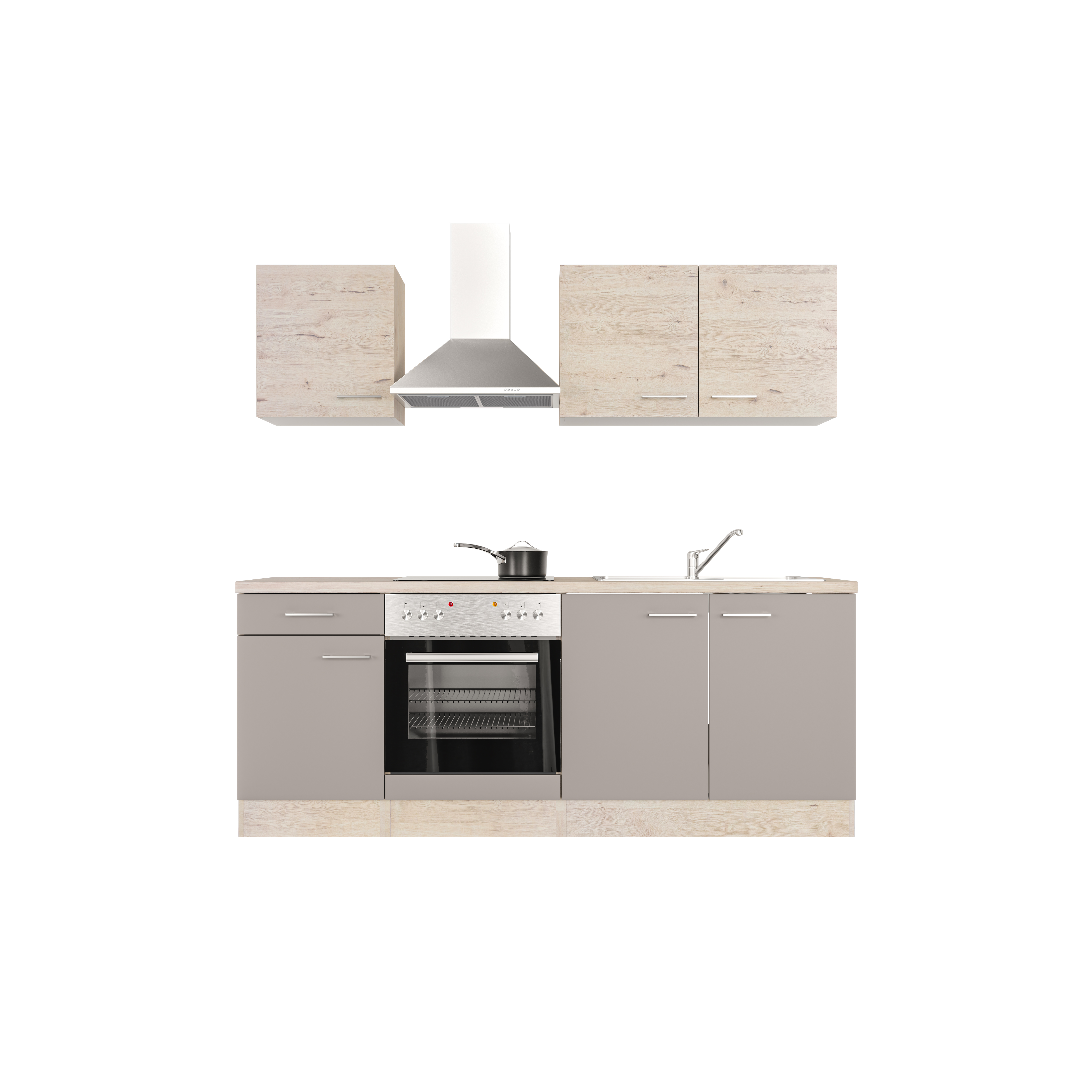 Küchenzeile mit E-Geräten - 210 cm breit - Quarz Cubanit San Remo Eiche – Rodello