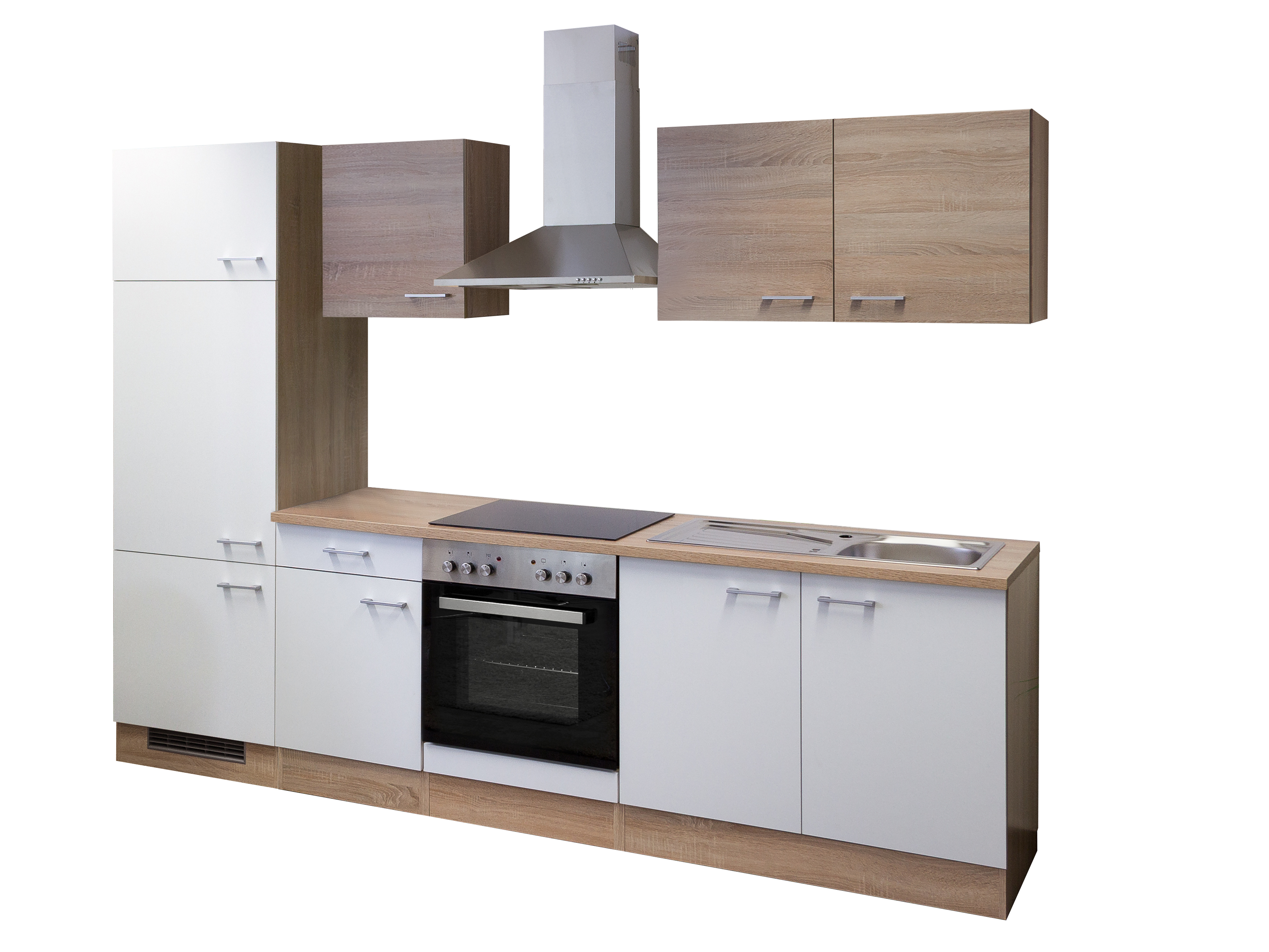 Küchenzeile mit E-Geräten - 270 cm breit - Weiß Sonoma Eiche – Salerno