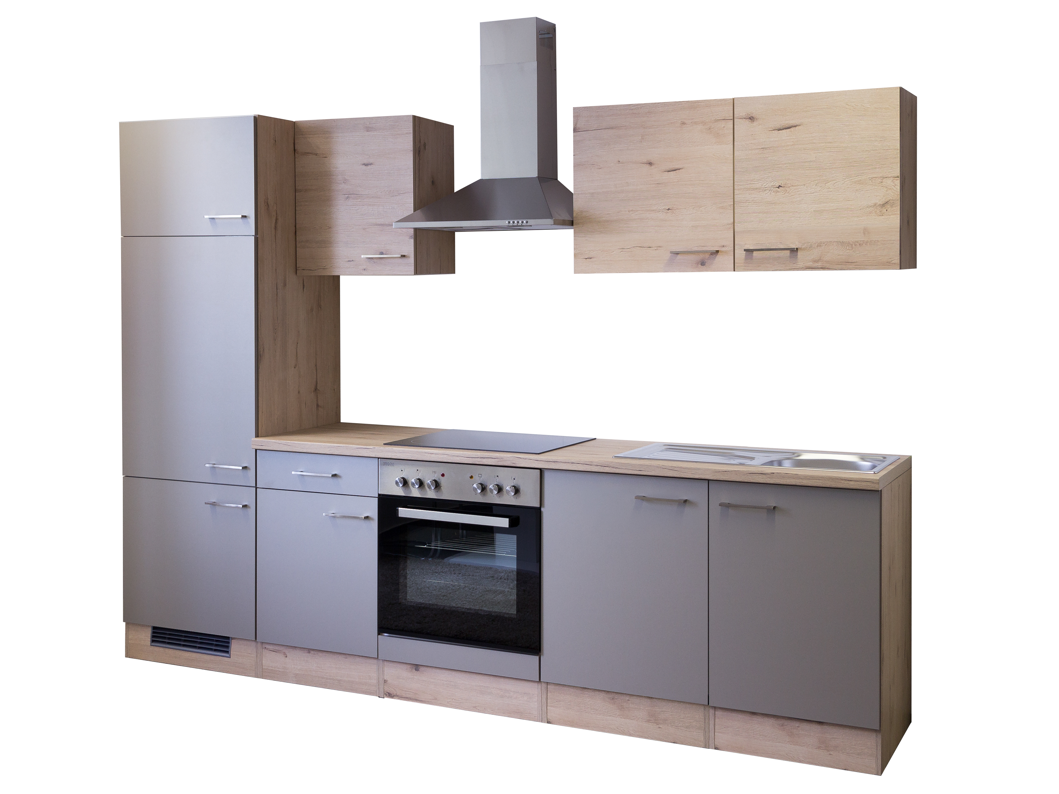Küchenzeile mit E-Geräten - 270 cm breit - Quarz Cubanit San Remo Eiche – Lino Kopie