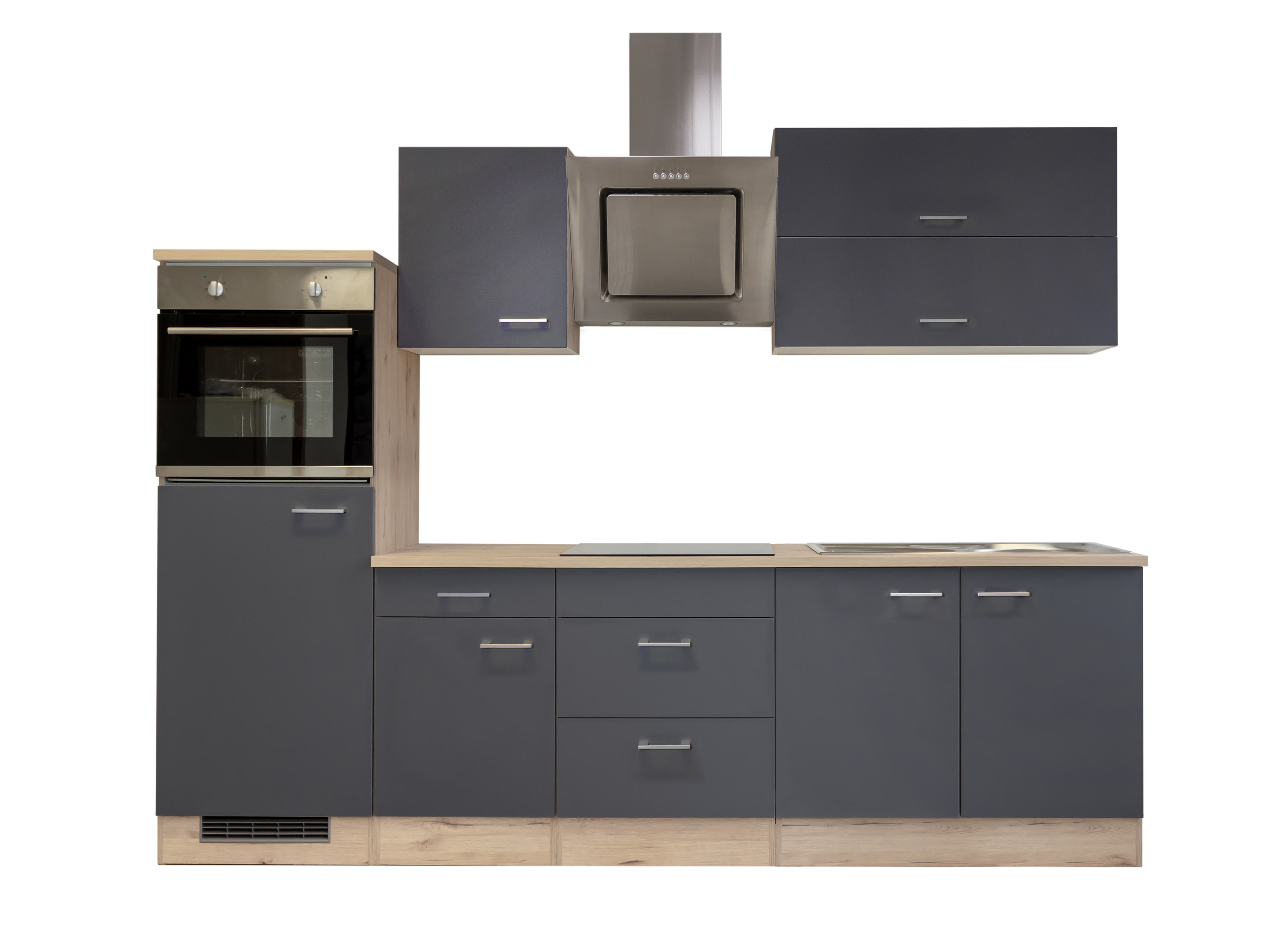 Küchenzeile mit E-Geräten - 270 cm breit - Basaltgrau Matt San Remo Eiche – Morena