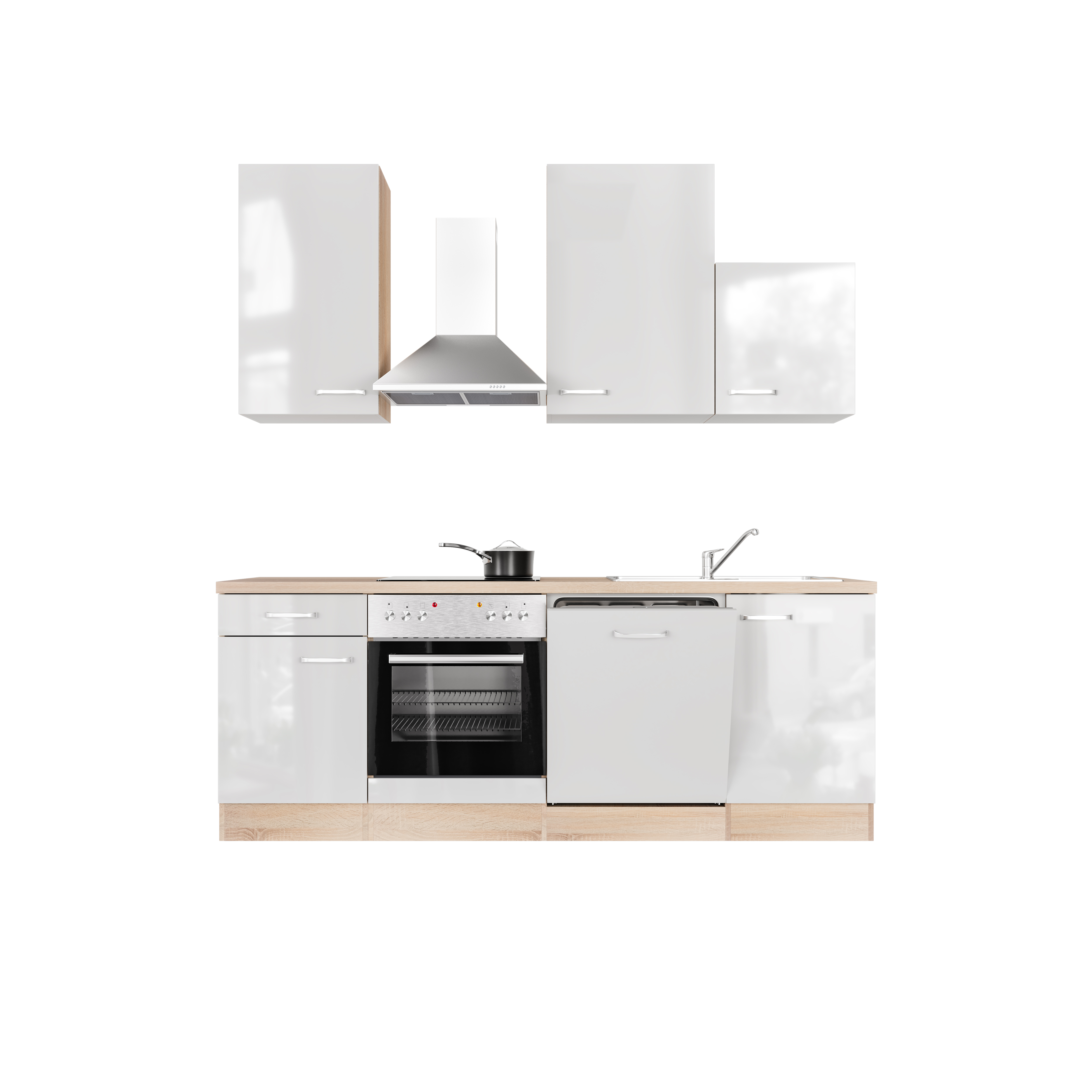 Küchenzeile mit E-Geräten & Geschirrspüler - 220 cm breit - Hochglanz Weiß Sonoma Eiche – Valencia