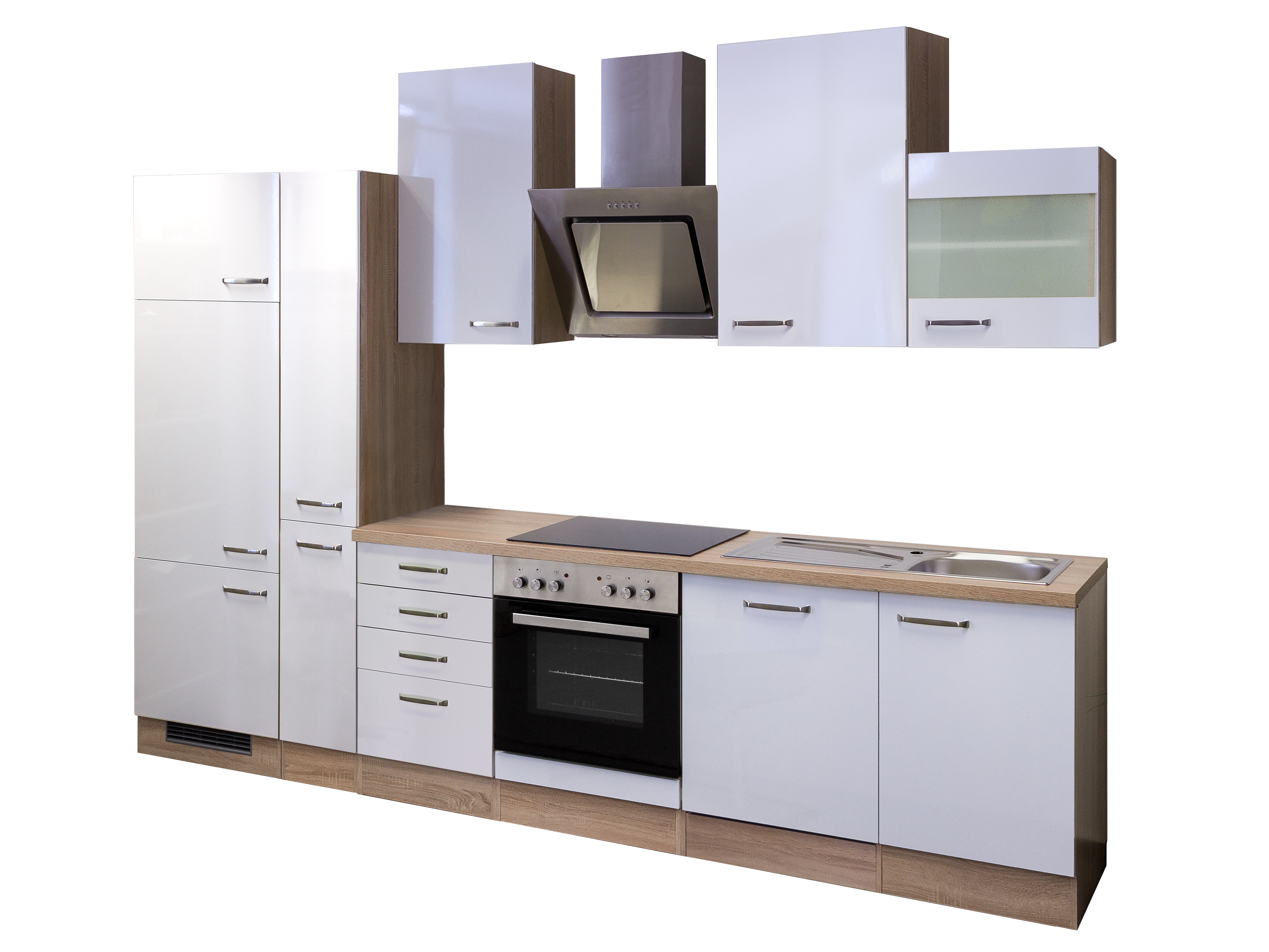 Küchenzeile mit E-Geräten & Geschirrspüler - 310 cm breit - Hochglanz Weiß Sonoma Eiche – Valencia