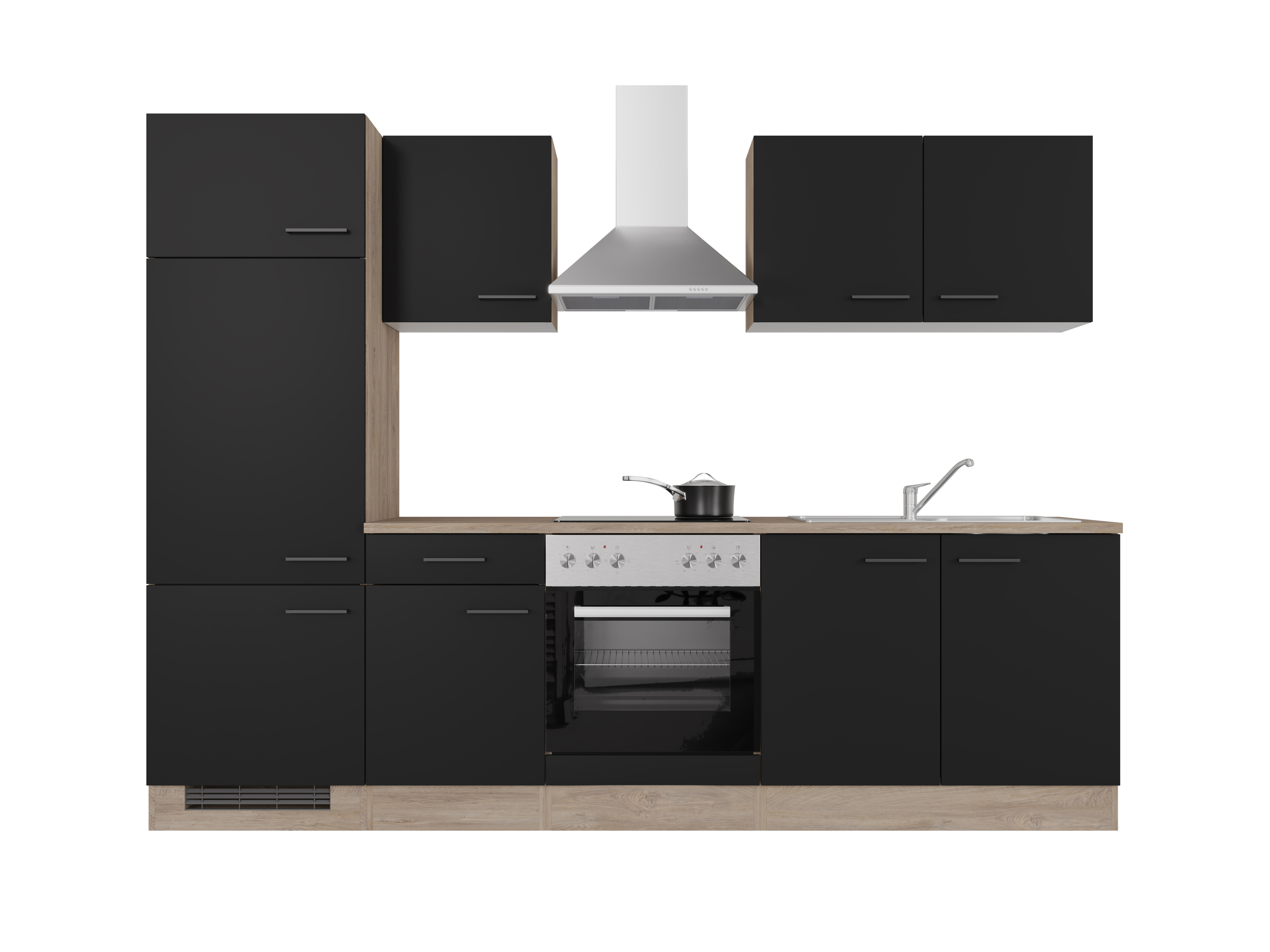 Küchenzeile mit E-Geräten - 270 cm breit - Schwarz matt Endgrain Oak – Capri