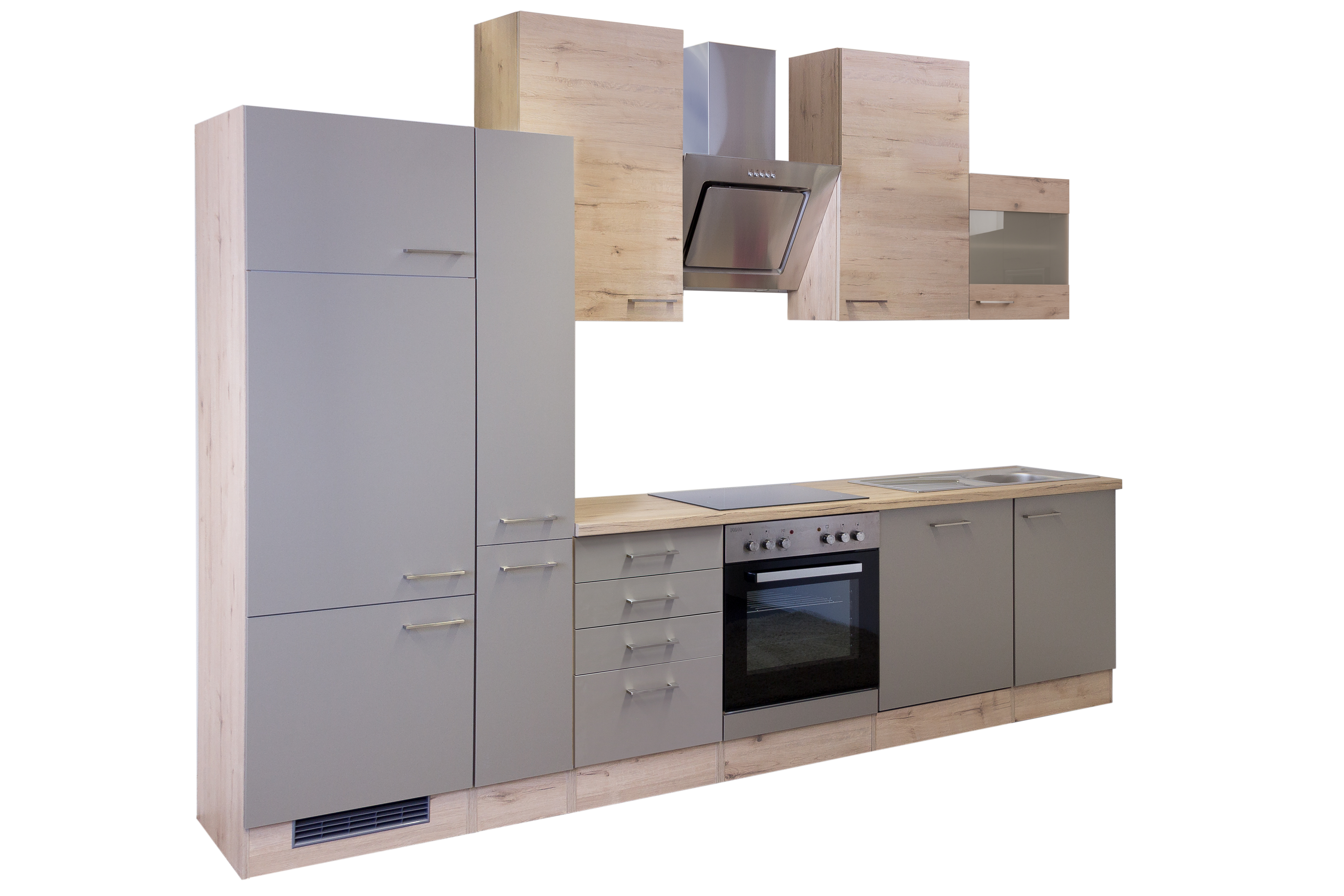 Küchenzeile mit E-Geräten & Geschirrspüler - 310 cm breit - Quarz Cubanit San Remo Eiche – Rodello