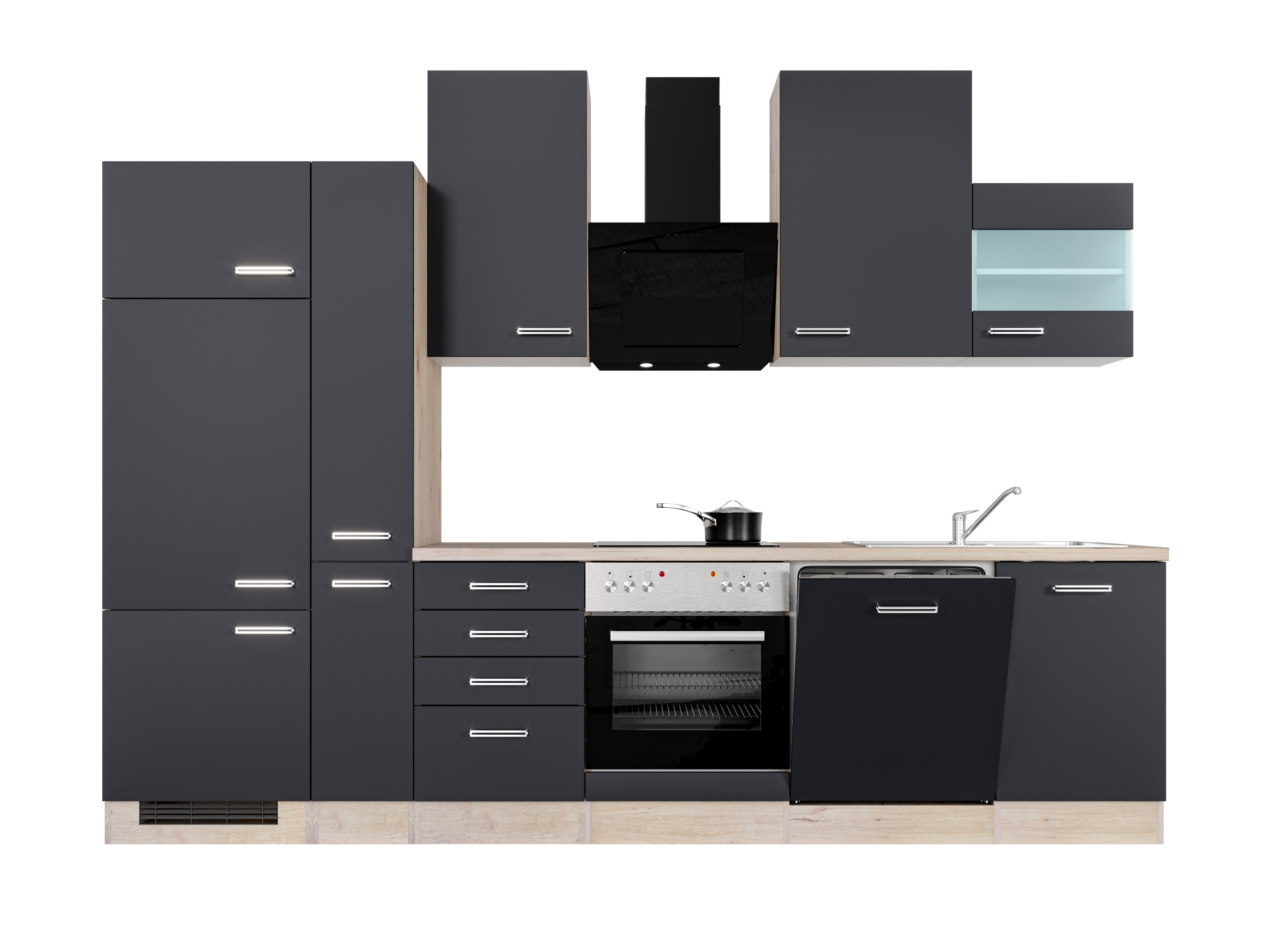 Küchenzeile mit E-Geräten & Geschirrspüler - 310 cm breit - Anthrazit San Remo Eiche – Lino