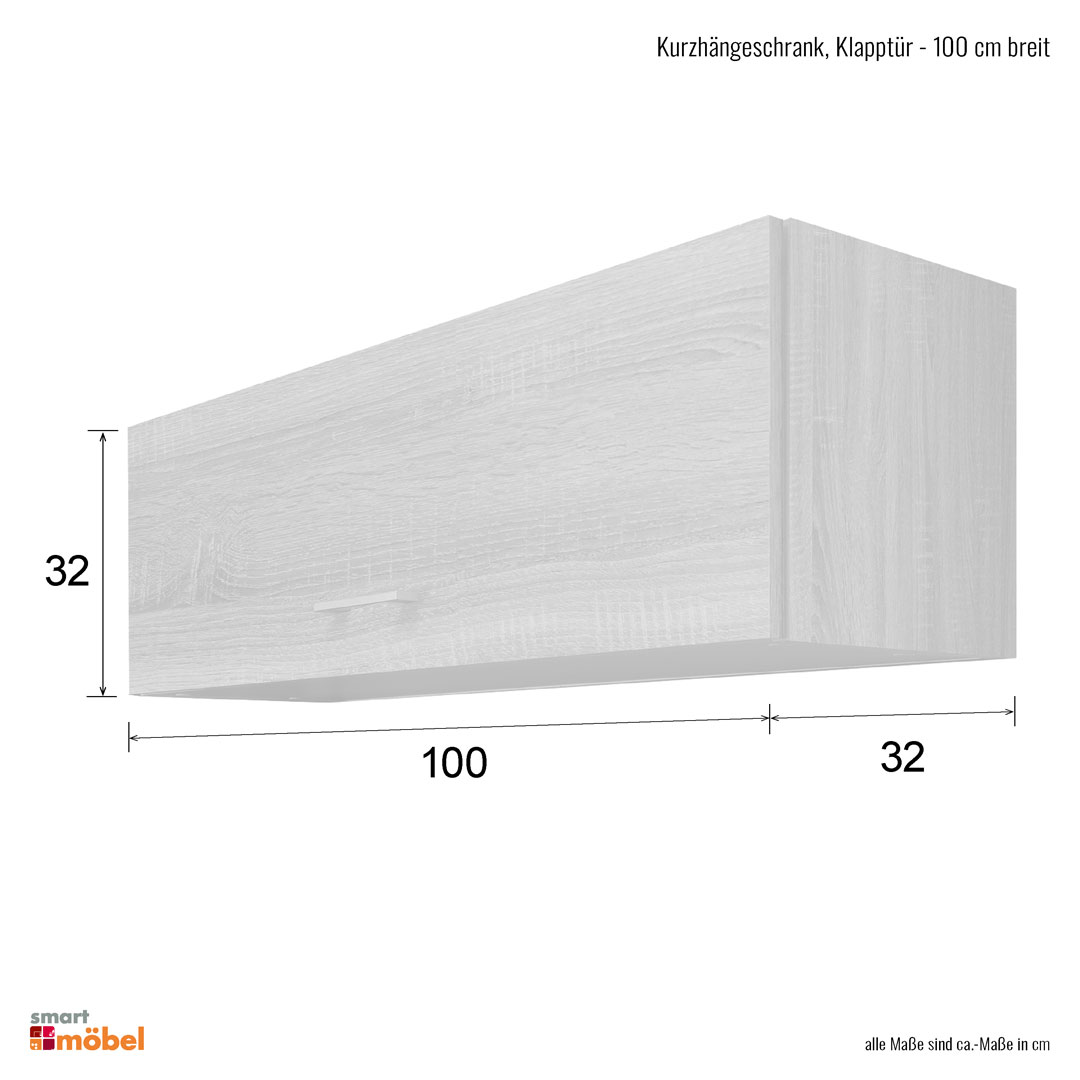 Kurzhängeschrank Küche - 100 cm breit - Hochglanz Weiß Sonoma Eiche, mit Klapptür – Valencia