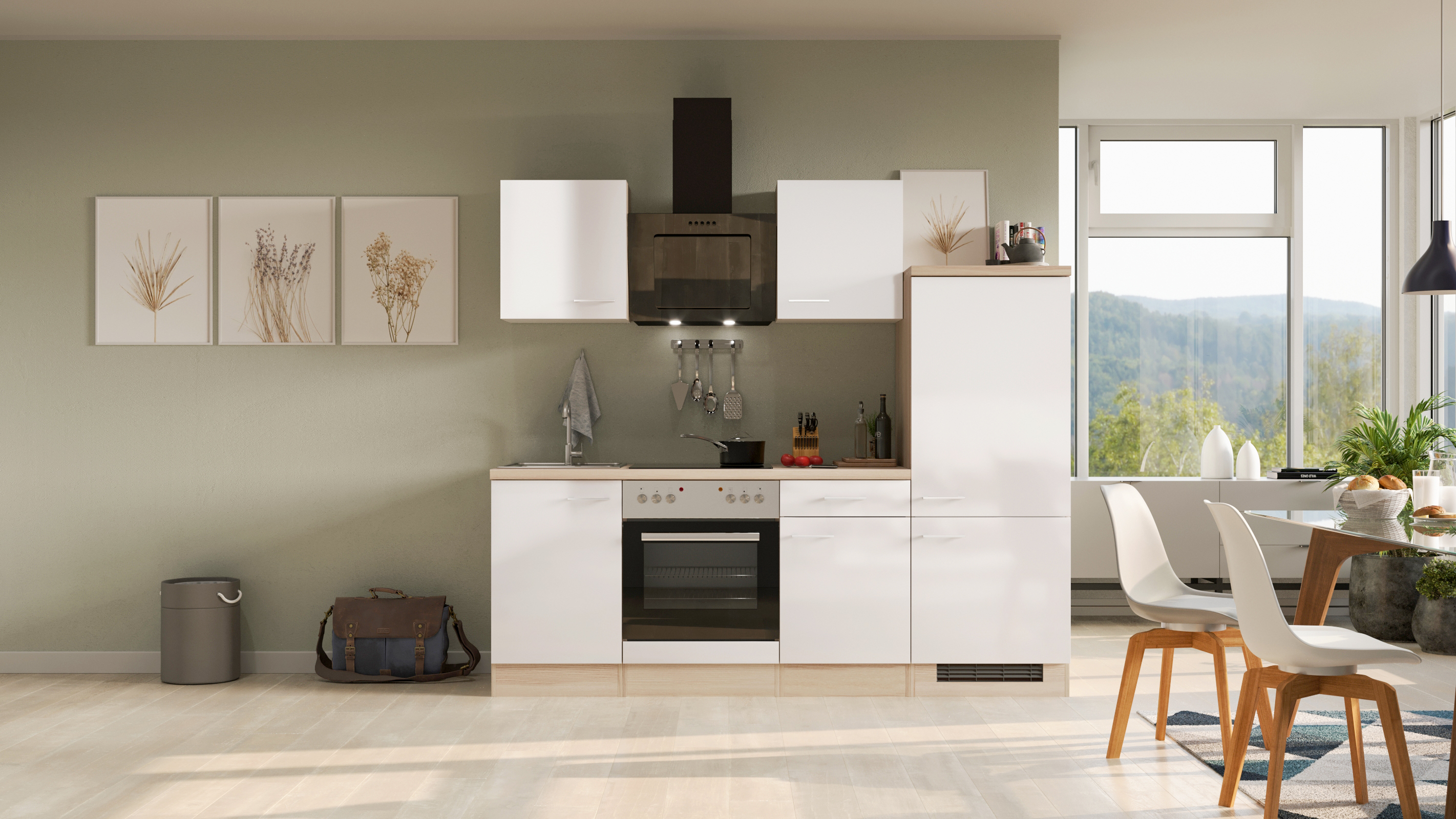 Küchenzeile mit E-Geräten - 220 cm breit - Perlmutt glänzend Akazie – Ancona