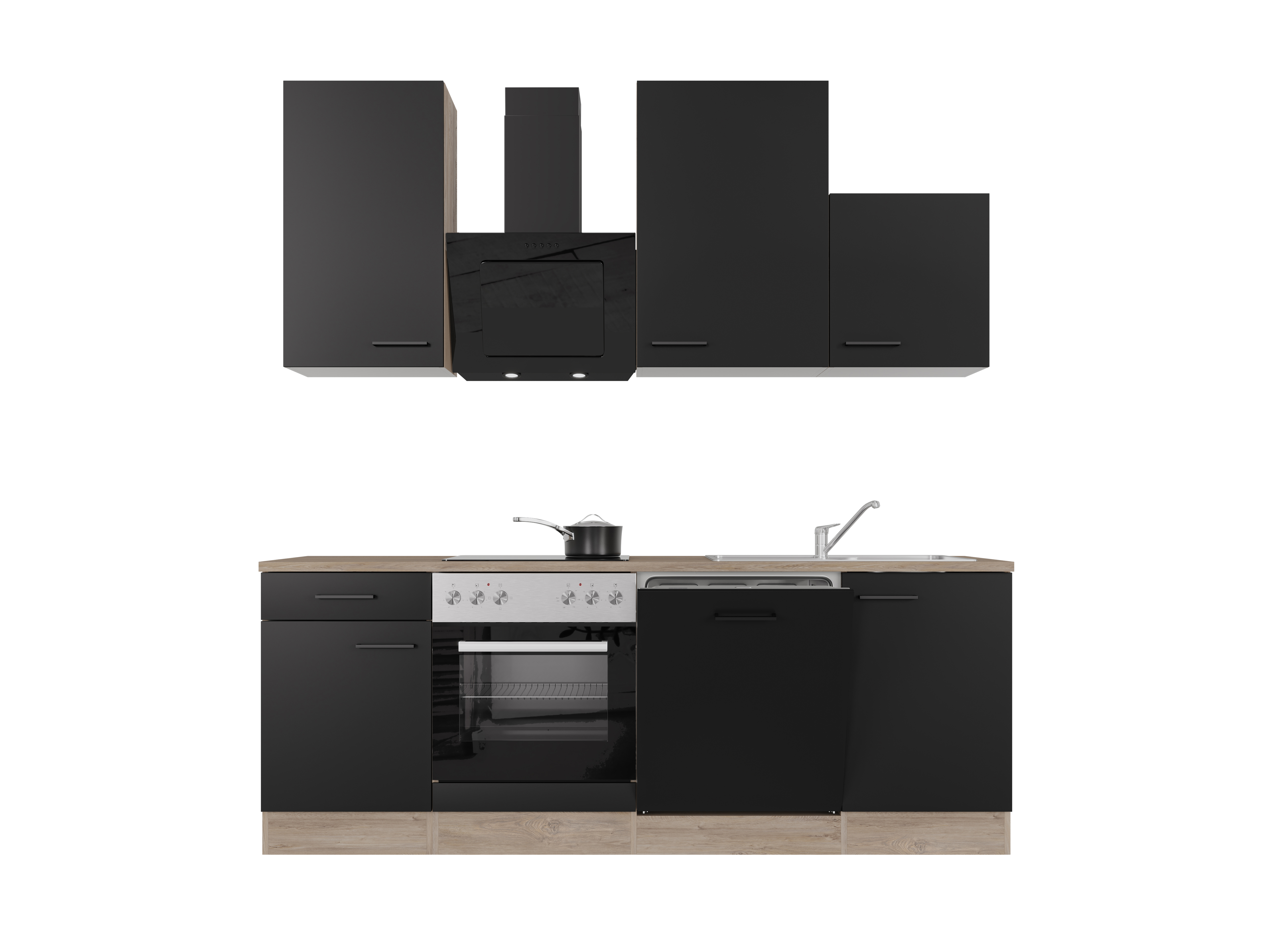 Küchenzeile mit E-Geräten & Geschirrspüler - 220 cm breit - Schwarz matt Endgrain Oak – Capri