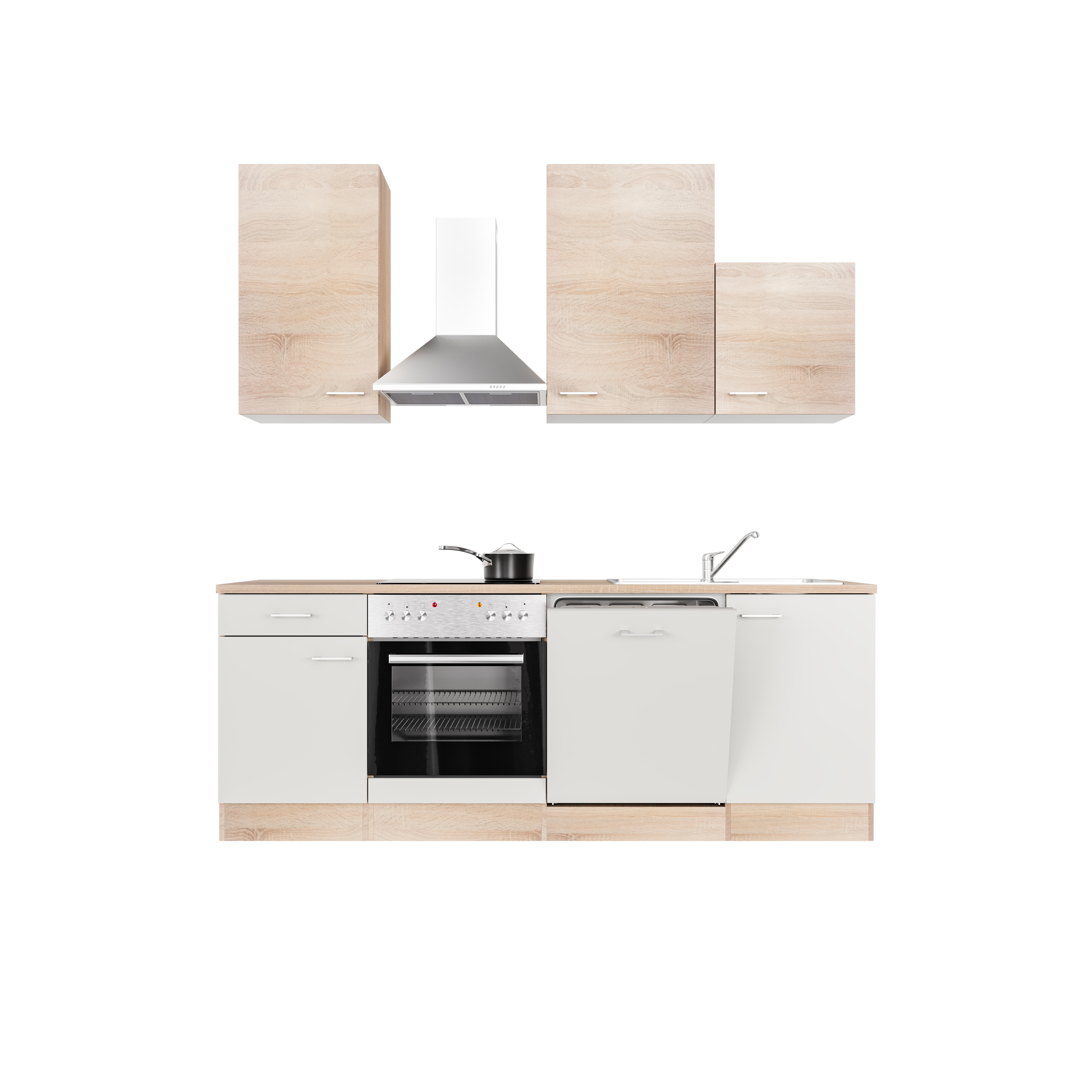 Küchenzeile mit E-Geräten & Geschirrspüler - 220 cm breit - Weiß Sonoma Eiche – Salerno
