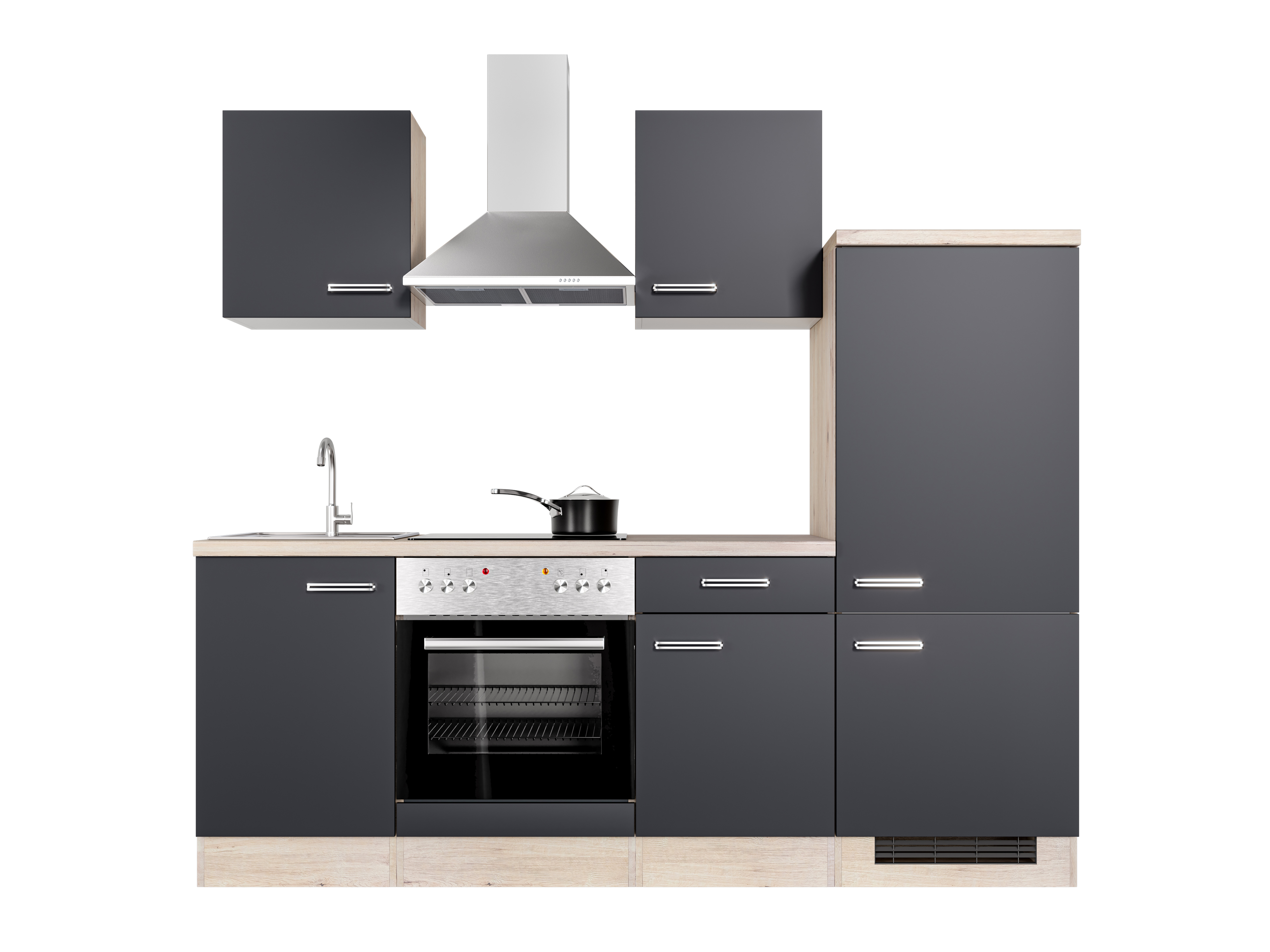 Küchenzeile mit E-Geräten - 220 cm breit - Anthrazit San Remo Eiche – Lino