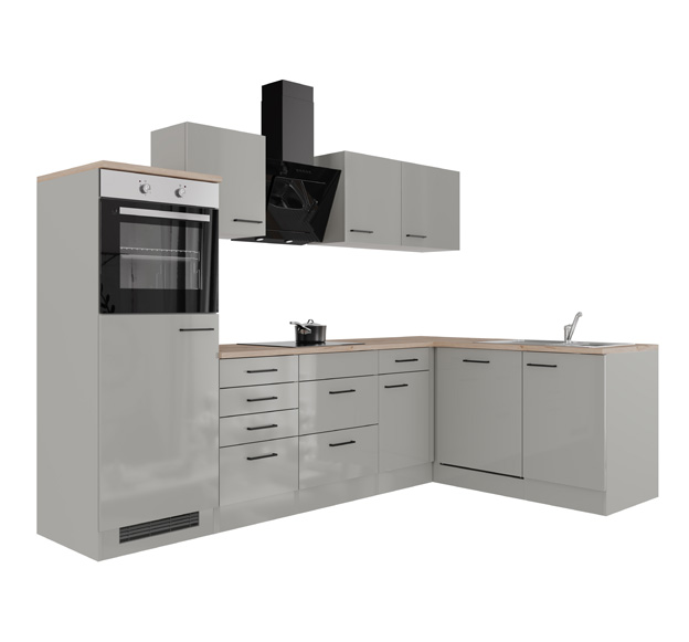 Winkelküche LUND | lichtgrau | mit Kühlschrank, Ofen + Kochfeld und Geschirrspüler | 280 x 170 cm
