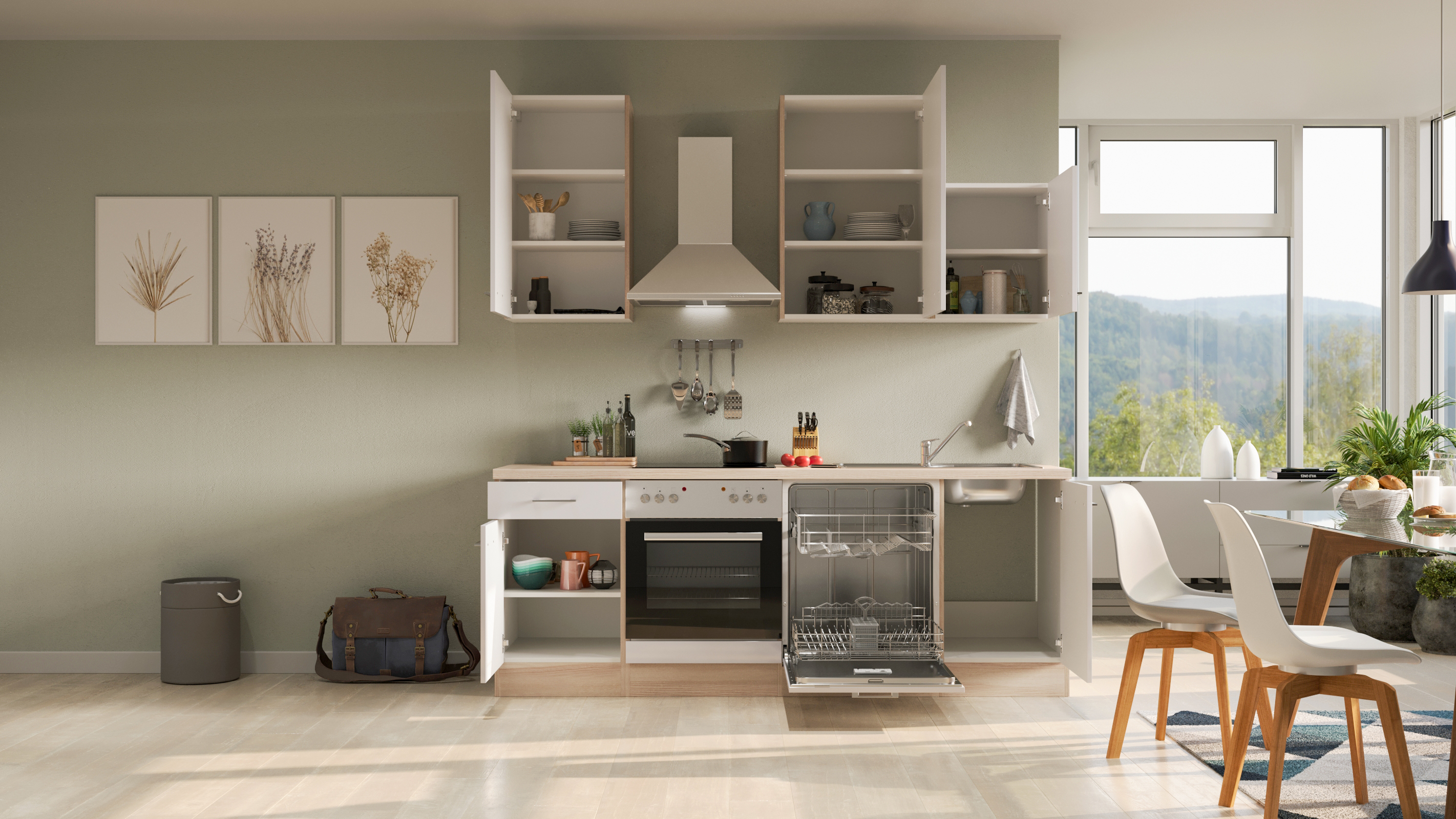 Küchenzeile mit E-Geräten & Geschirrspüler - 220 cm breit - Perlmutt glänzend Akazie – Ancona