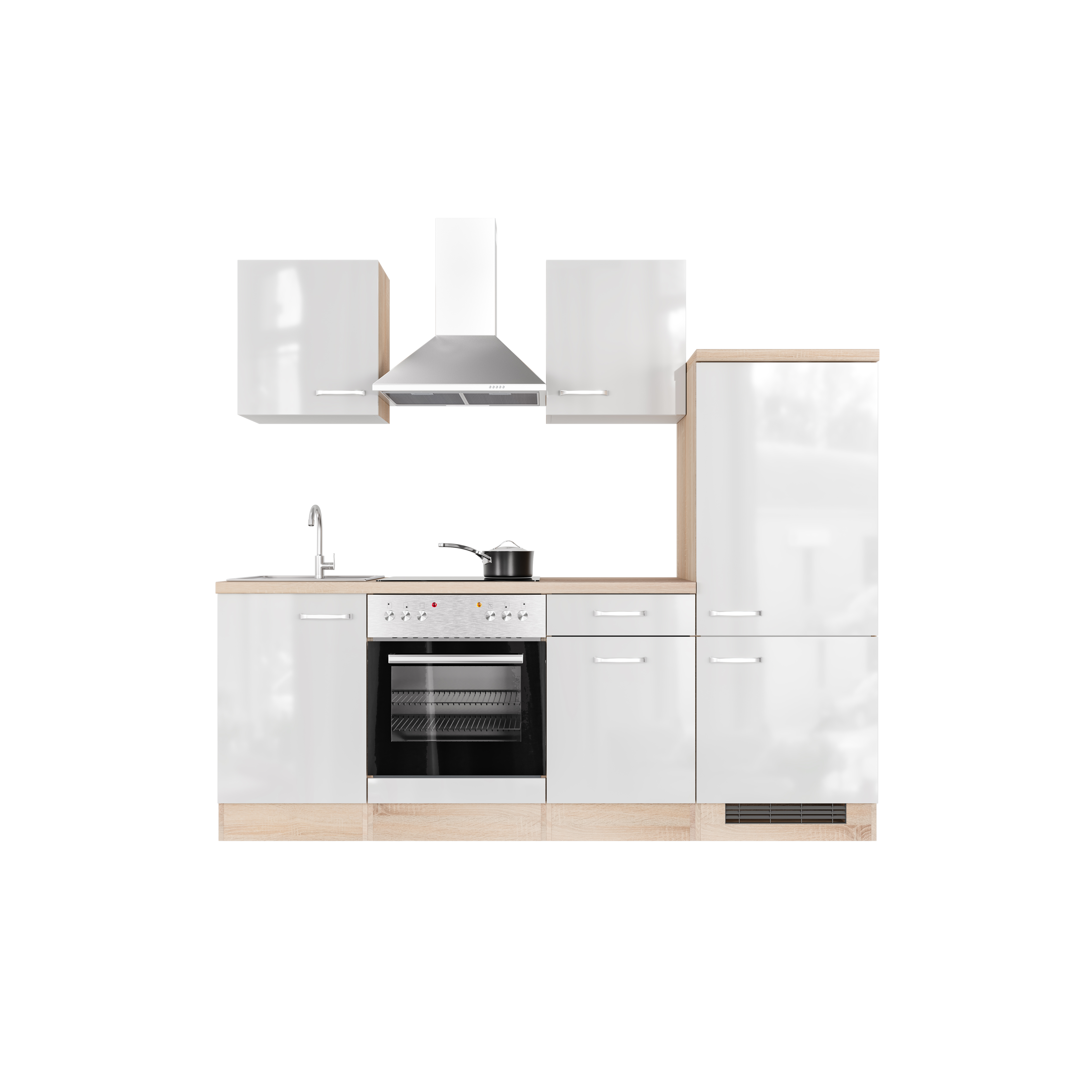 Küchenzeile mit E-Geräten - 220 cm breit - Hochglanz Weiß Sonoma Eiche – Valencia