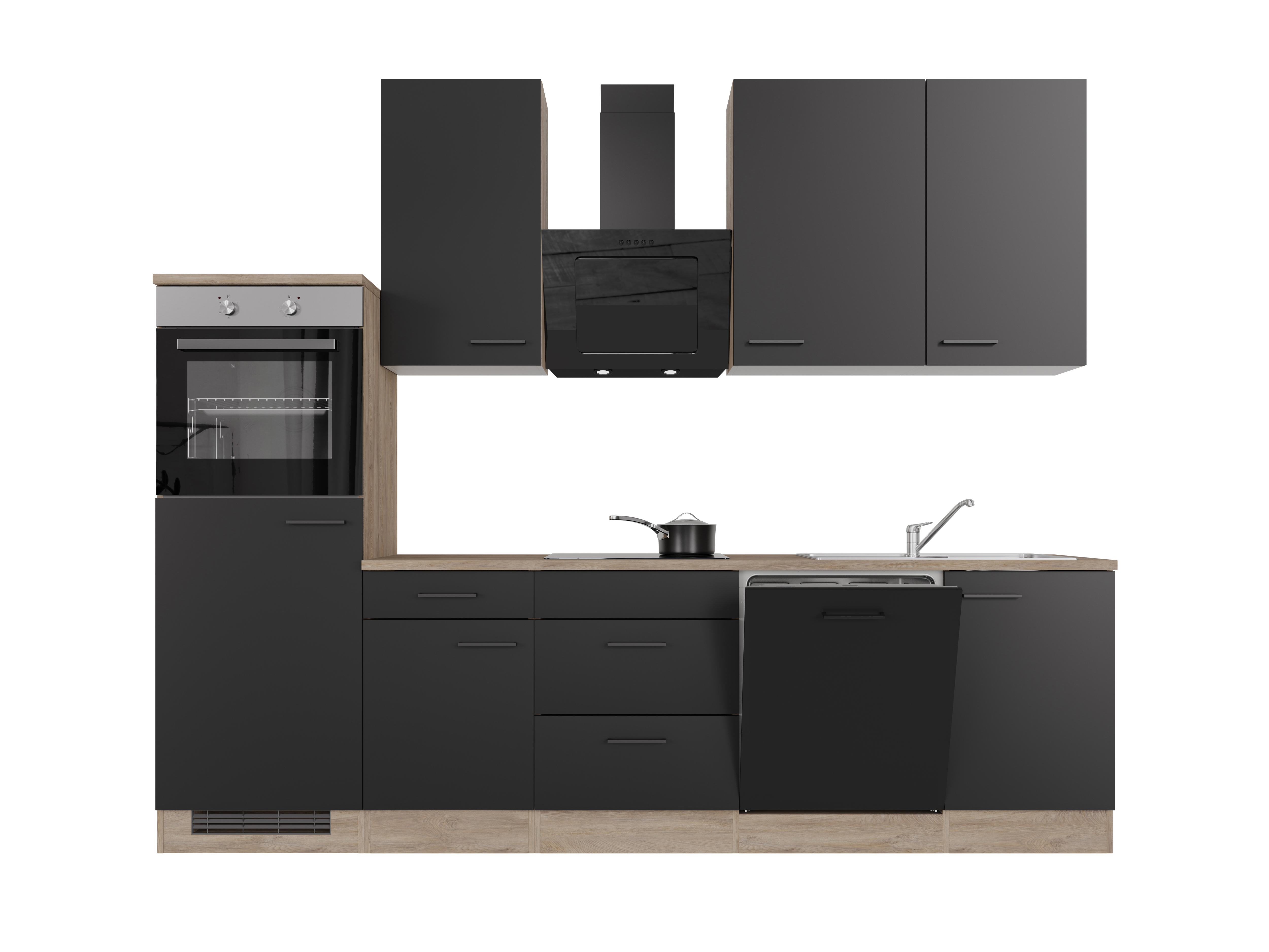 Küchenzeile mit E-Geräten & Geschirrspüler - 280 cm breit - Schwarz matt Endgrain Oak – Capri