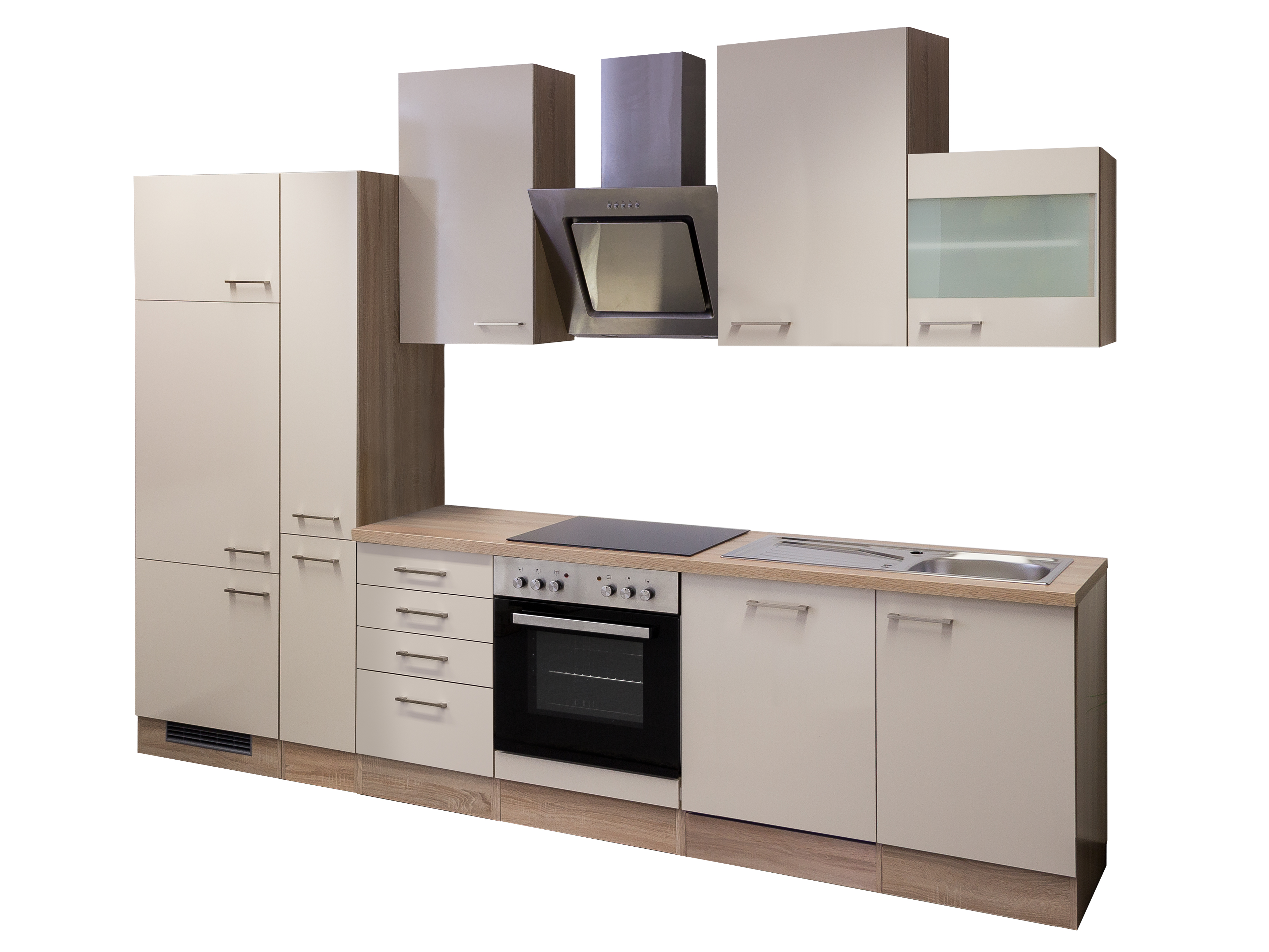 Küchenzeile mit E-Geräten & Geschirrspüler - 310 cm breit - Kaschmir Glanz Sonoma Eiche – Neapel
