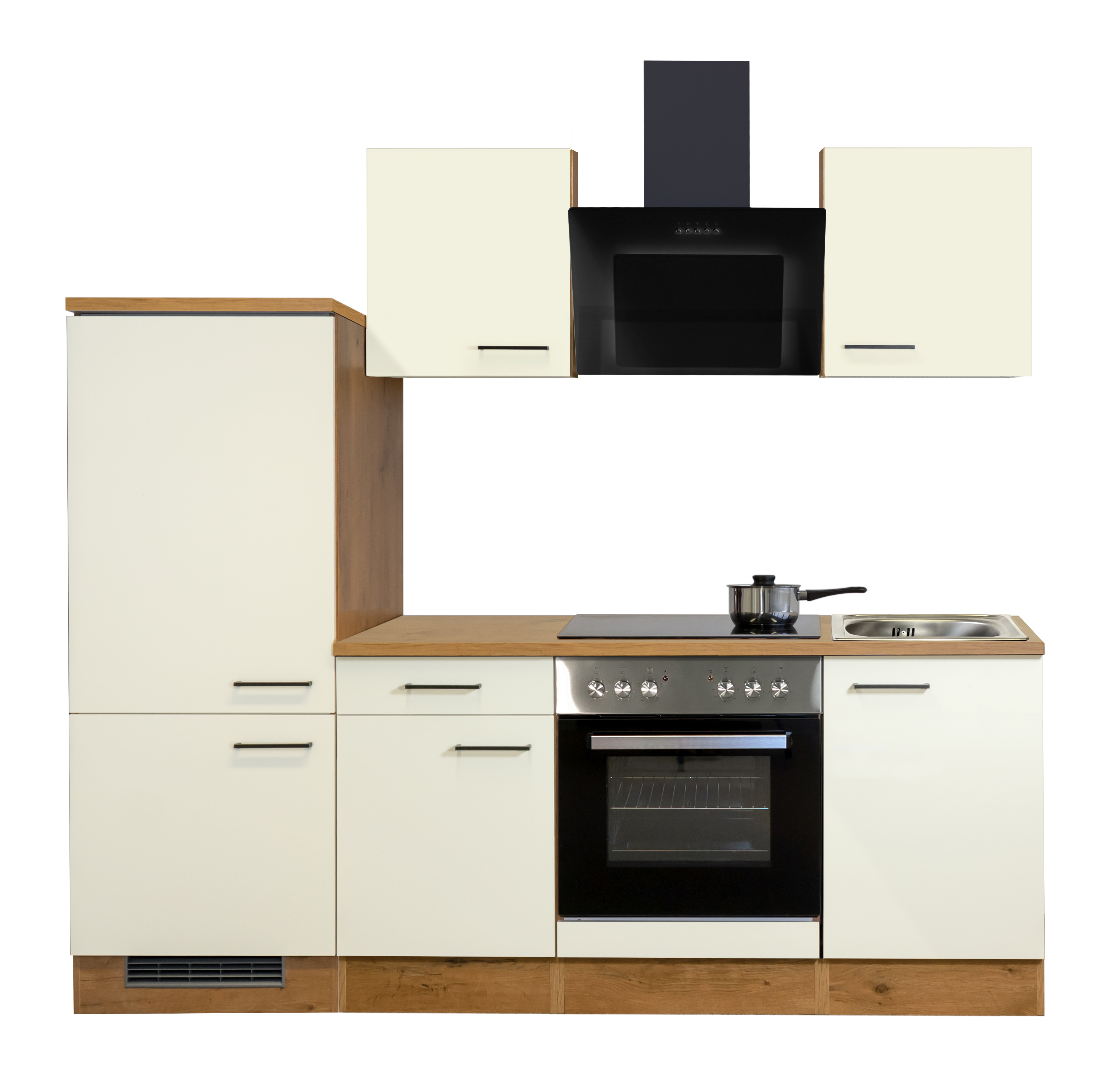 Küchenzeile mit E-Geräten - 220 cm breit - Magnolia matt Lancelot Oak – Vintea