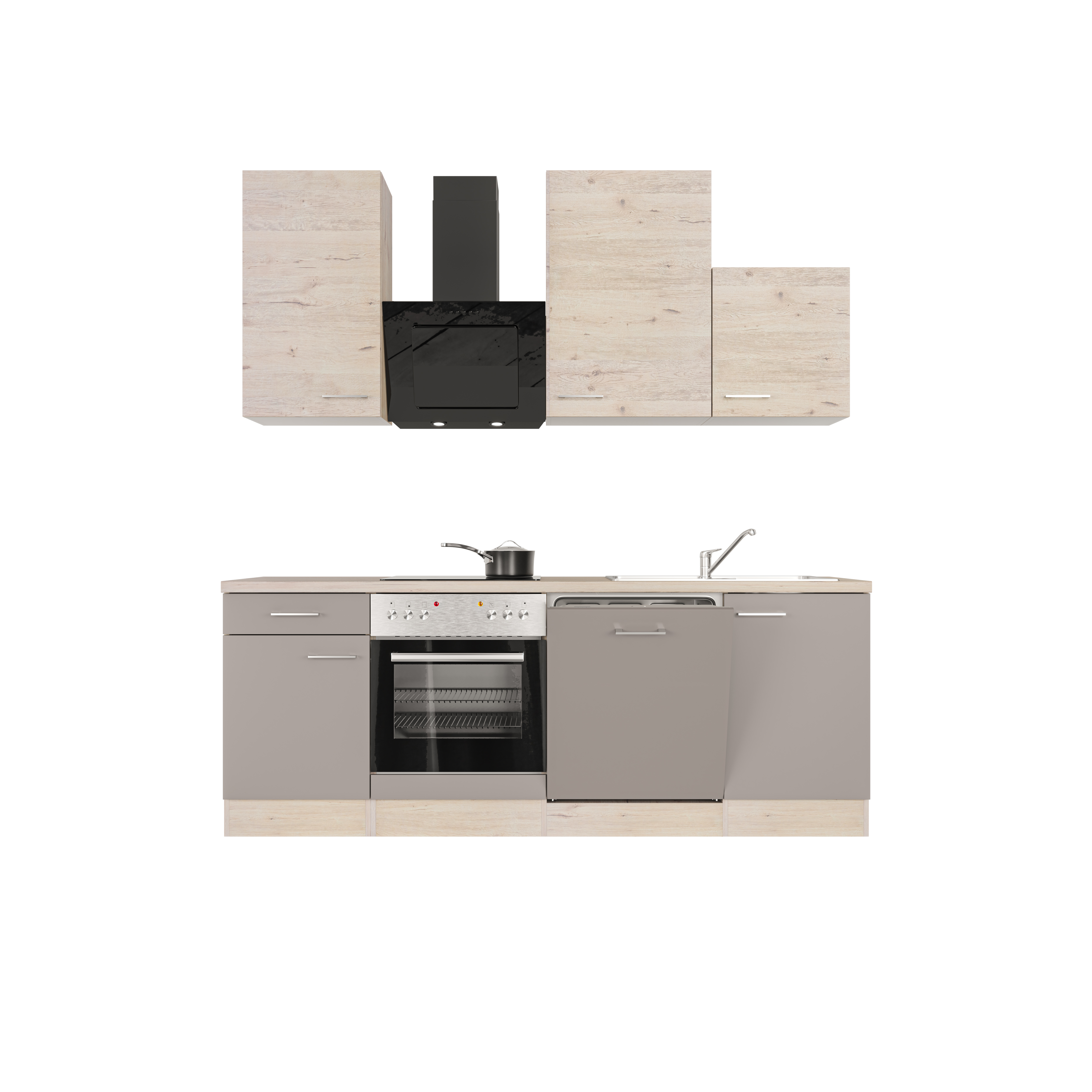 Küchenzeile mit E-Geräten & Geschirrspüler - 220 cm breit - Quarz Cubanit San Remo Eiche – Rodello