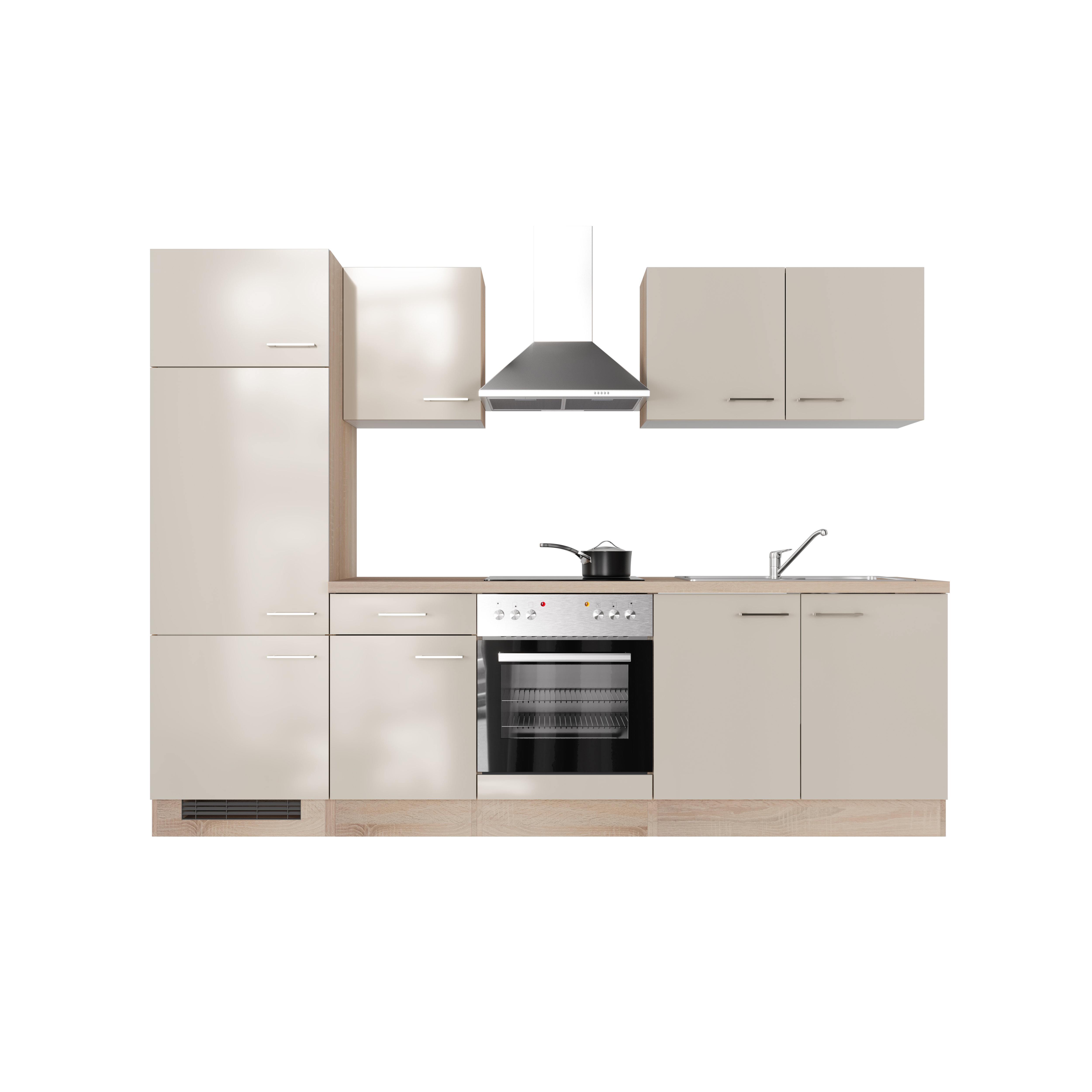 Küchenzeile mit E-Geräten - 270 cm breit - Kaschmir Glanz Sonoma Eiche – Neapel
