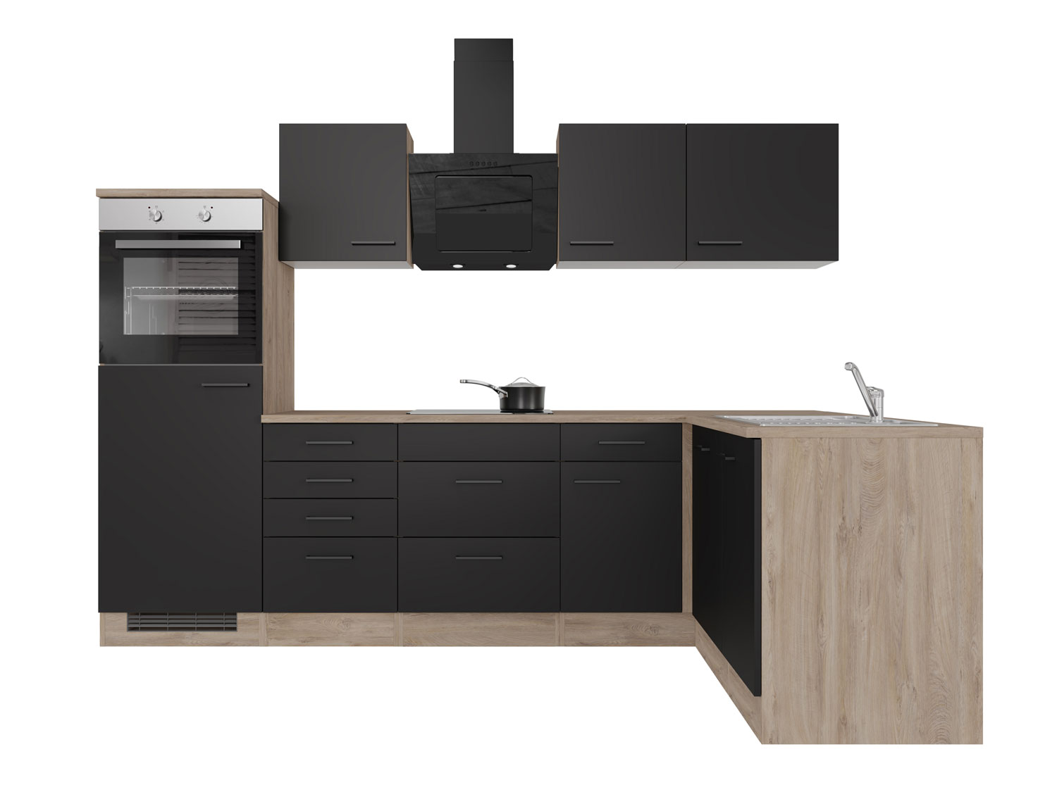 Winkelküche mit E-Geräten & Geschirrspüler - 280 cm breit - Schwarz matt Endgrain Oak – Capri